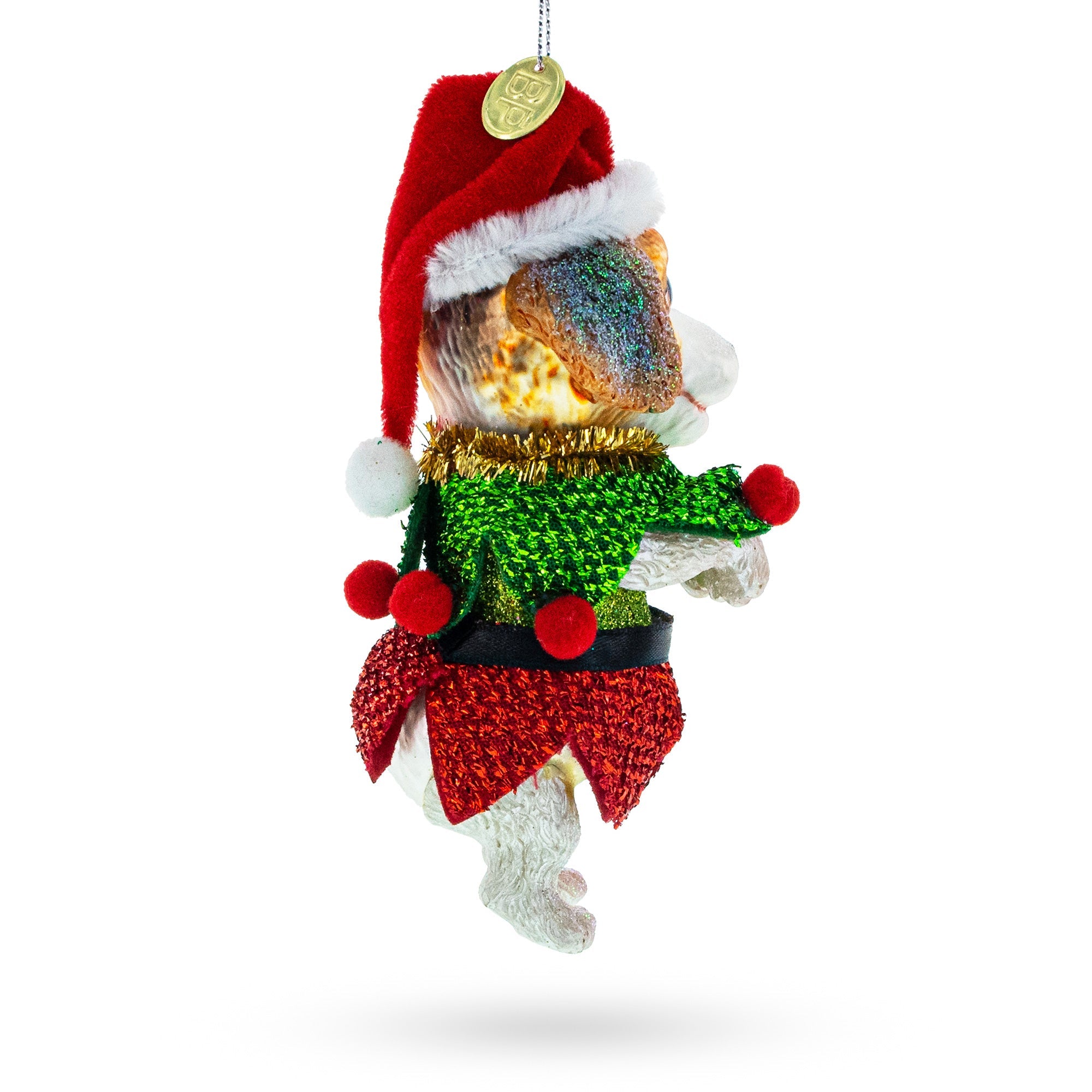 Dog In Elf Costume - Blown Glass Christmas Ornament