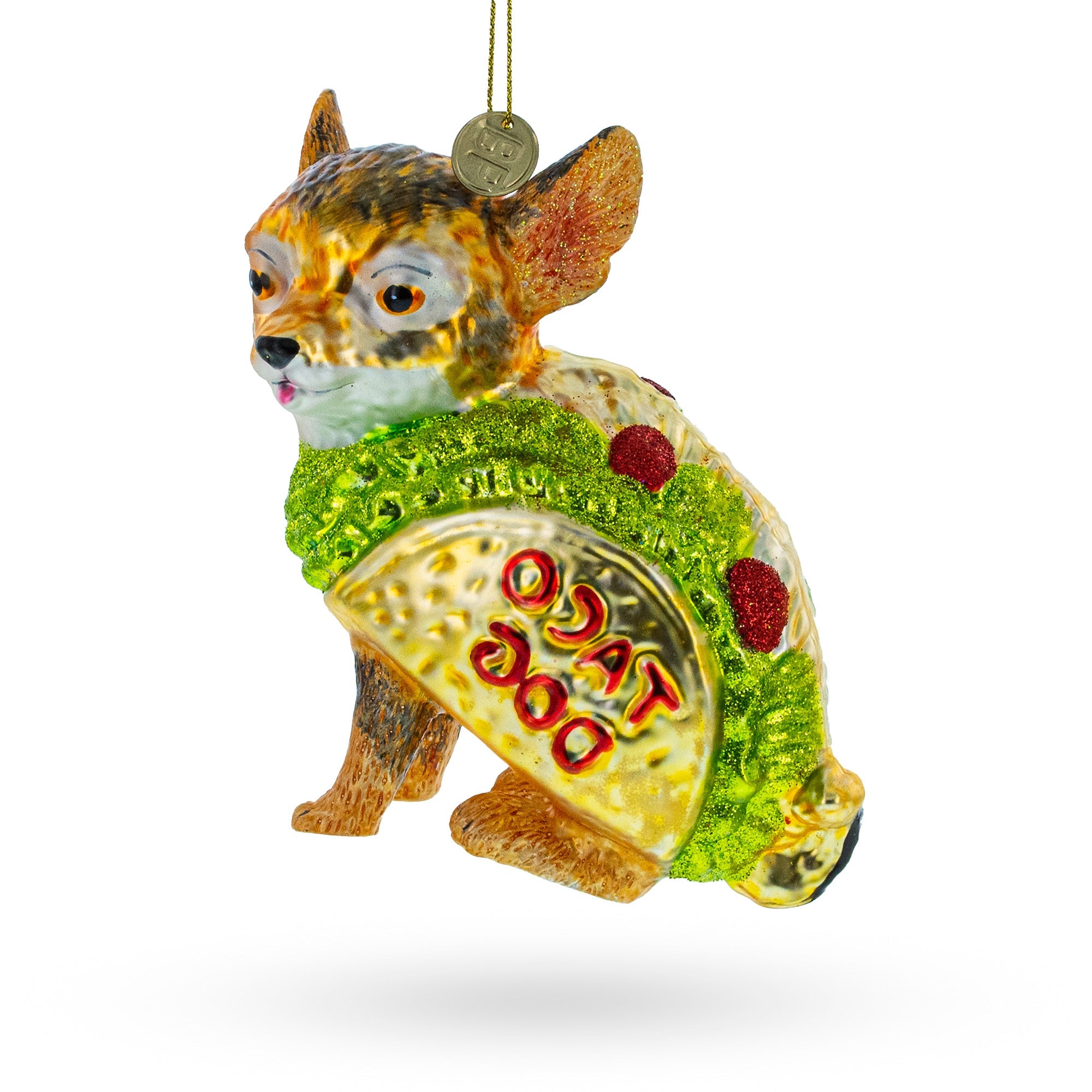 Fiesta Pup: Taco-wearing Dog - Blown Glass Christmas Ornament