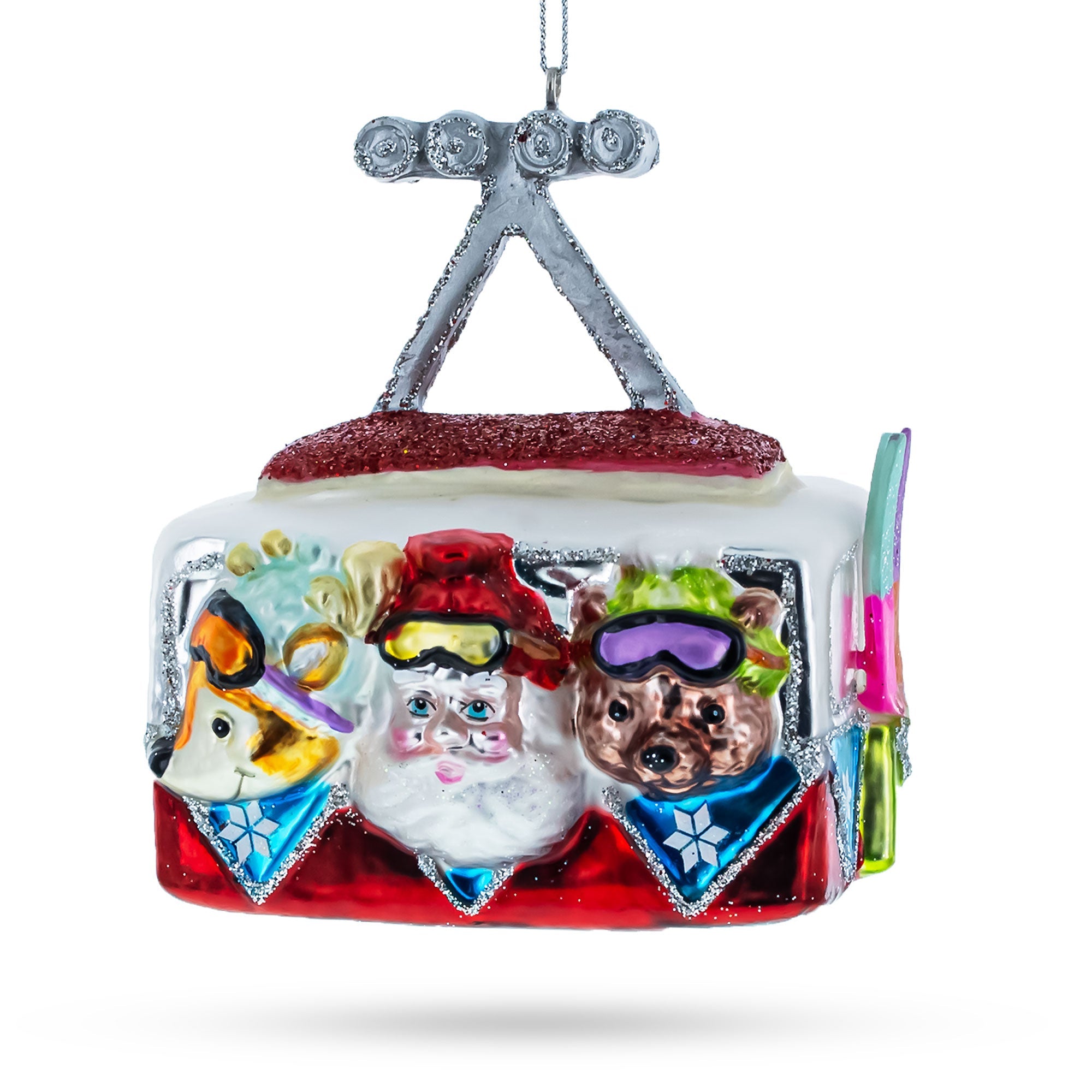 Santa's Skyward Adventure: Santa And Friends In A Gondola Lift - Blown Glass Christmas Ornament