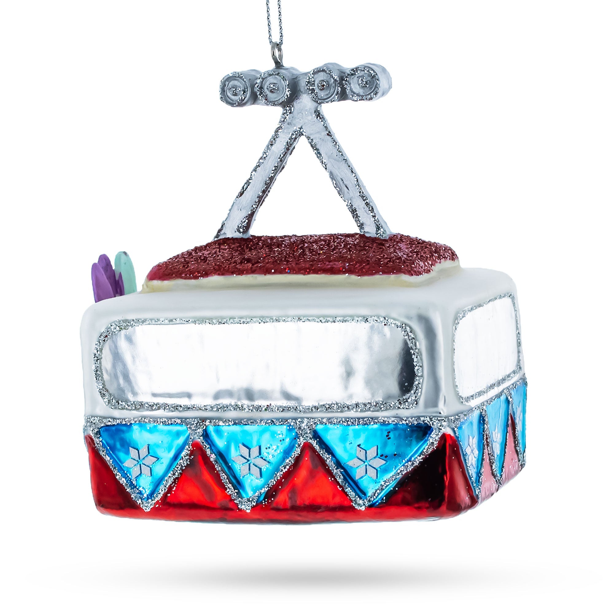 Santa's Skyward Adventure: Santa And Friends In A Gondola Lift - Blown Glass Christmas Ornament