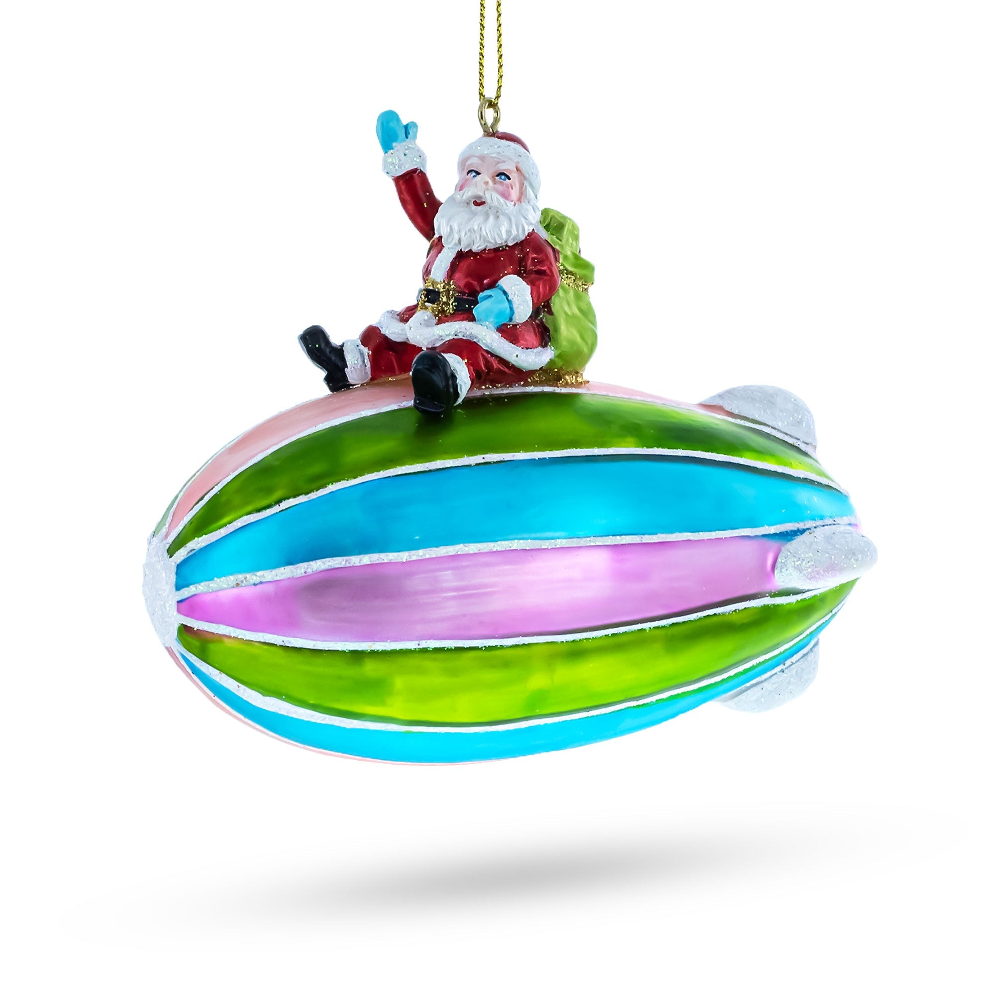 Santa's Sky-high Voyage: Santa Riding Aerostat Blimp - Blown Glass Christmas Ornament