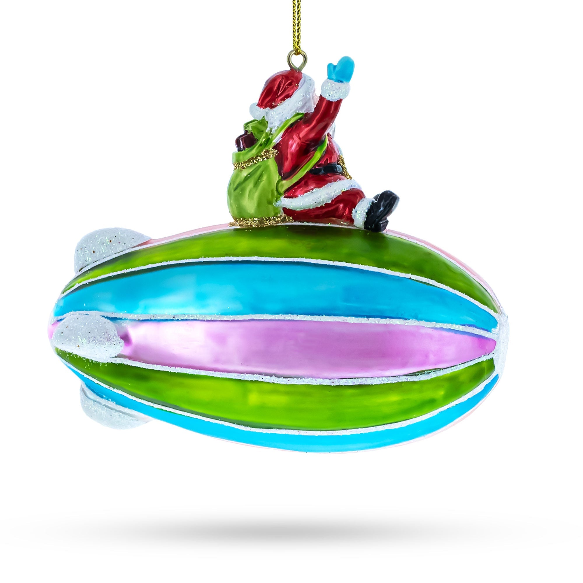 Santa's Sky-high Voyage: Santa Riding Aerostat Blimp - Blown Glass Christmas Ornament