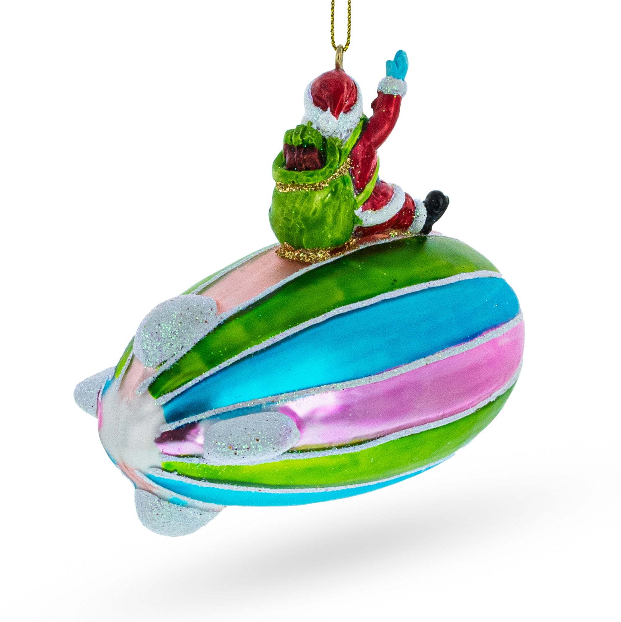 Santa's Sky-high Voyage: Santa Riding Aerostat Blimp - Blown Glass Christmas Ornament