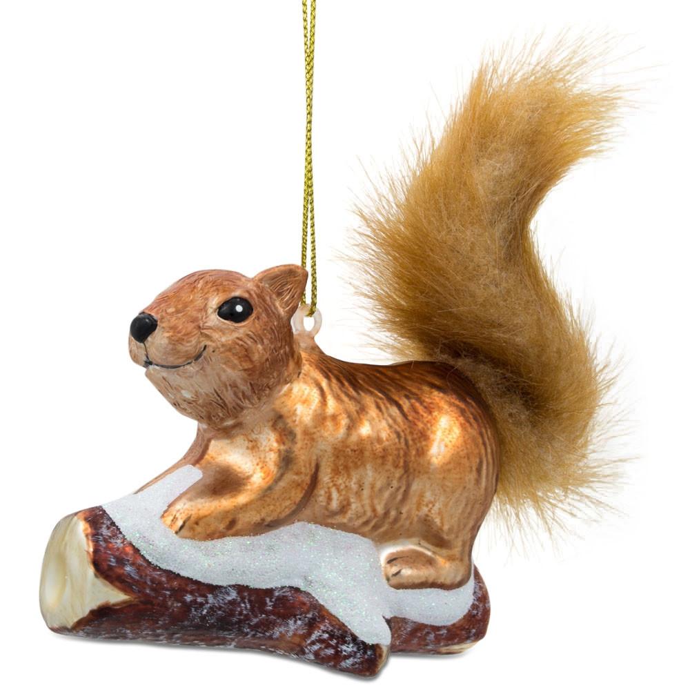 Whimsical Squirrel On Snowy Branch - Blown Glass Christmas Ornament