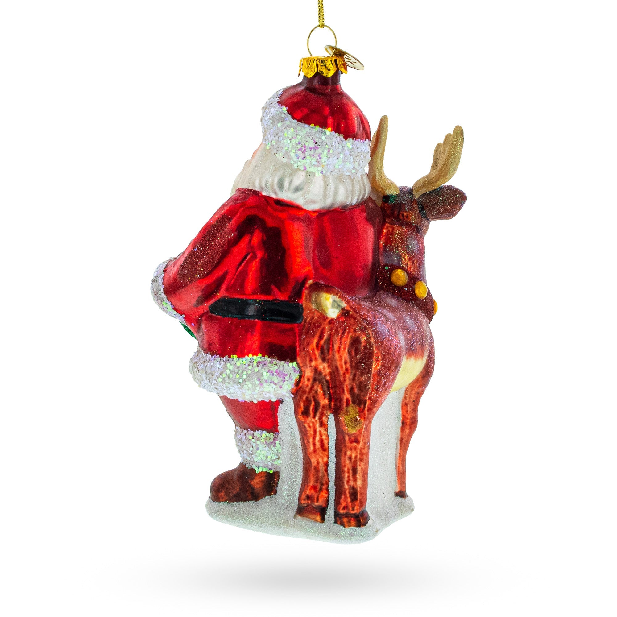 Santa's Sleigh Ride: Santa With Reindeer - Blown Glass Christmas Ornament