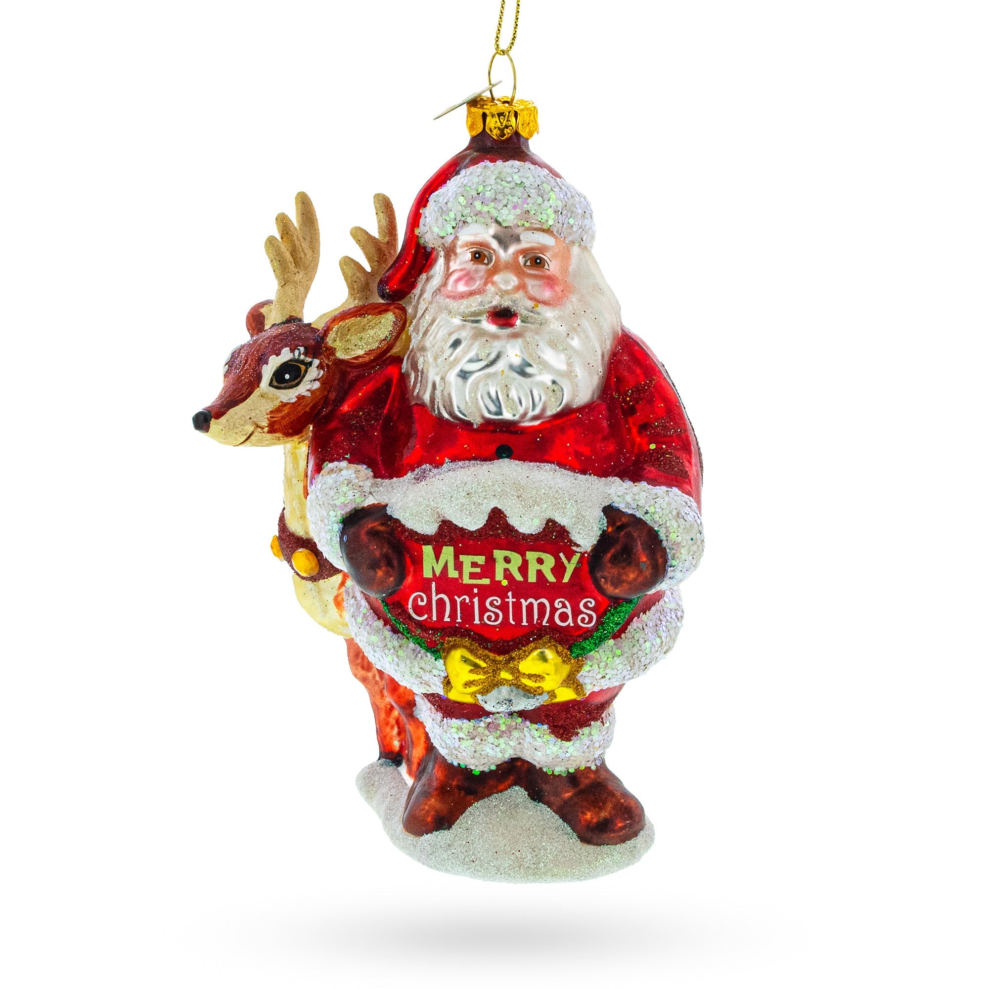 Santa's Sleigh Ride: Santa With Reindeer - Blown Glass Christmas Ornament