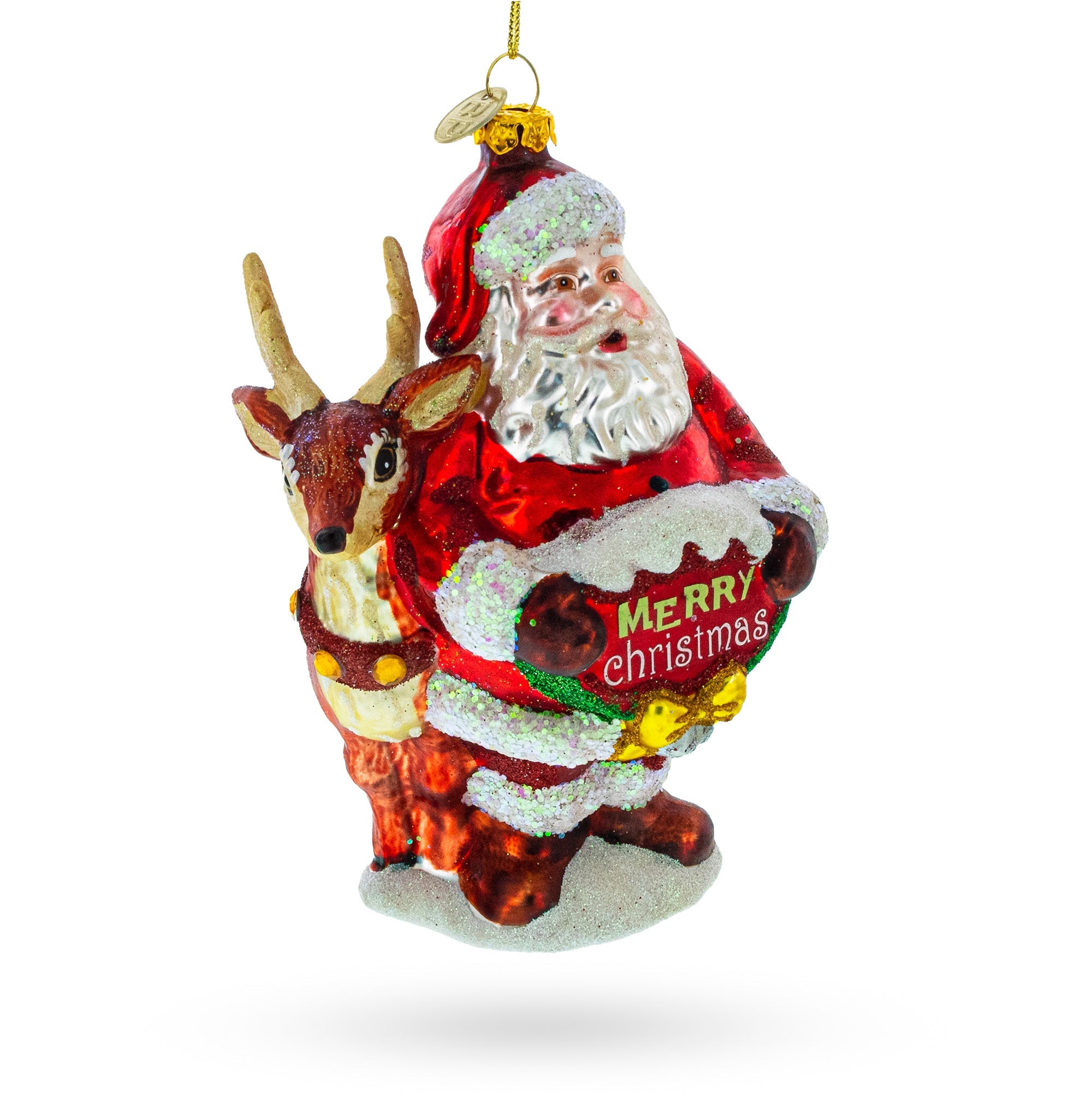 Santa's Sleigh Ride: Santa With Reindeer - Blown Glass Christmas Ornament