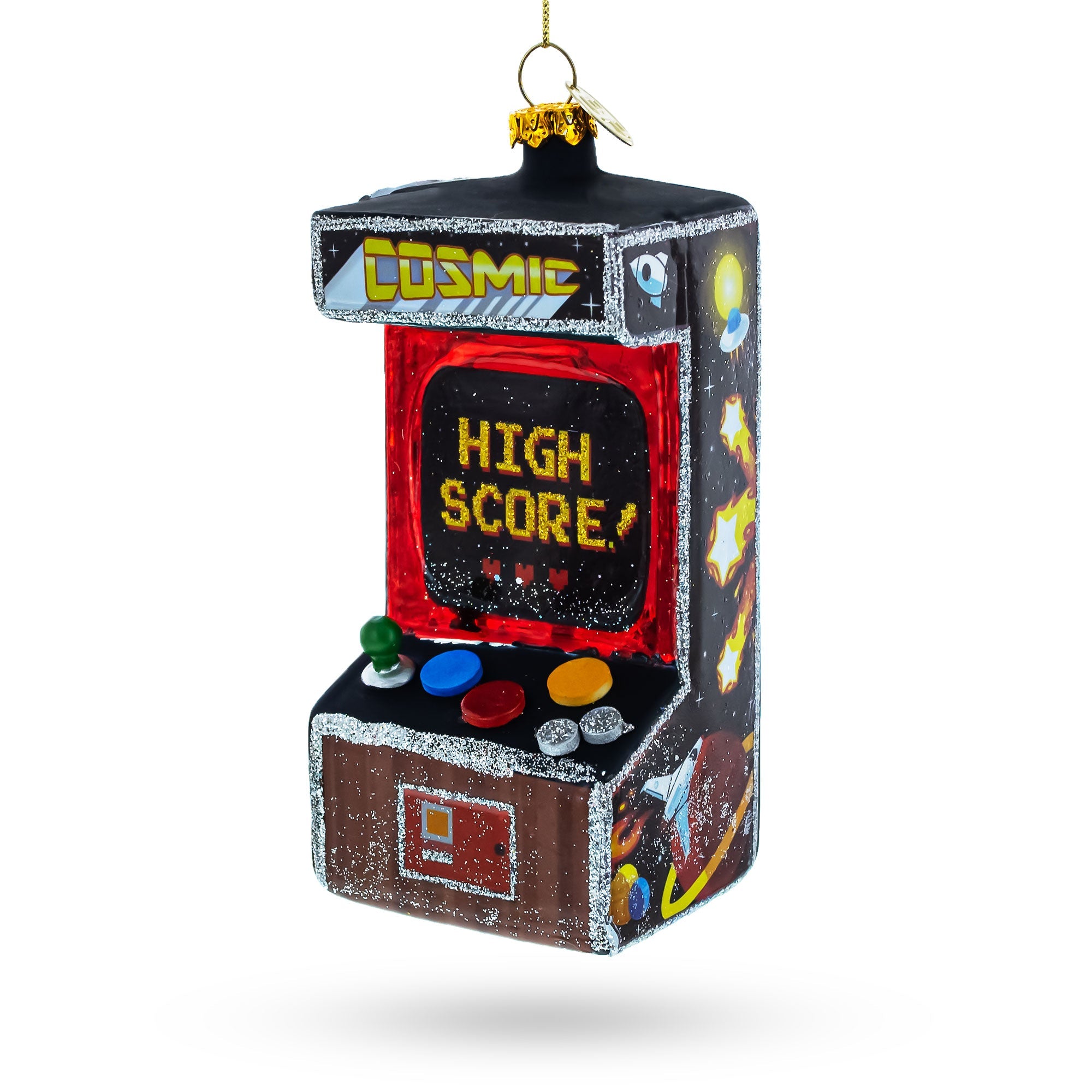 Nostalgic Joystick Journeys: Arcade Game Machine - Blown Glass Christmas Ornament