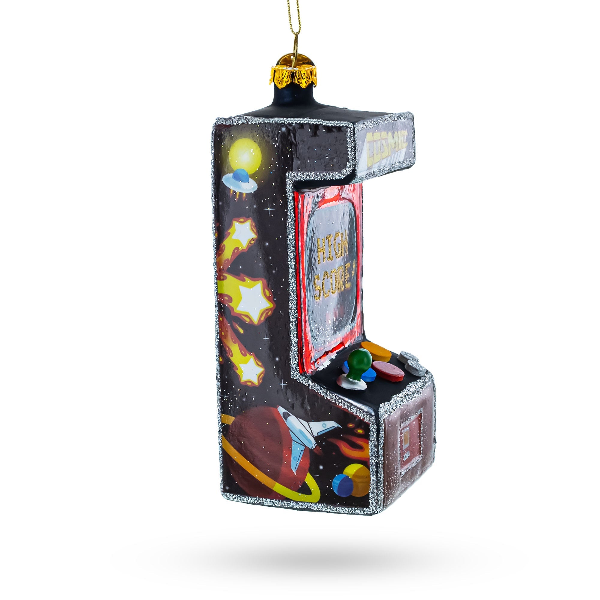 Nostalgic Joystick Journeys: Arcade Game Machine - Blown Glass Christmas Ornament