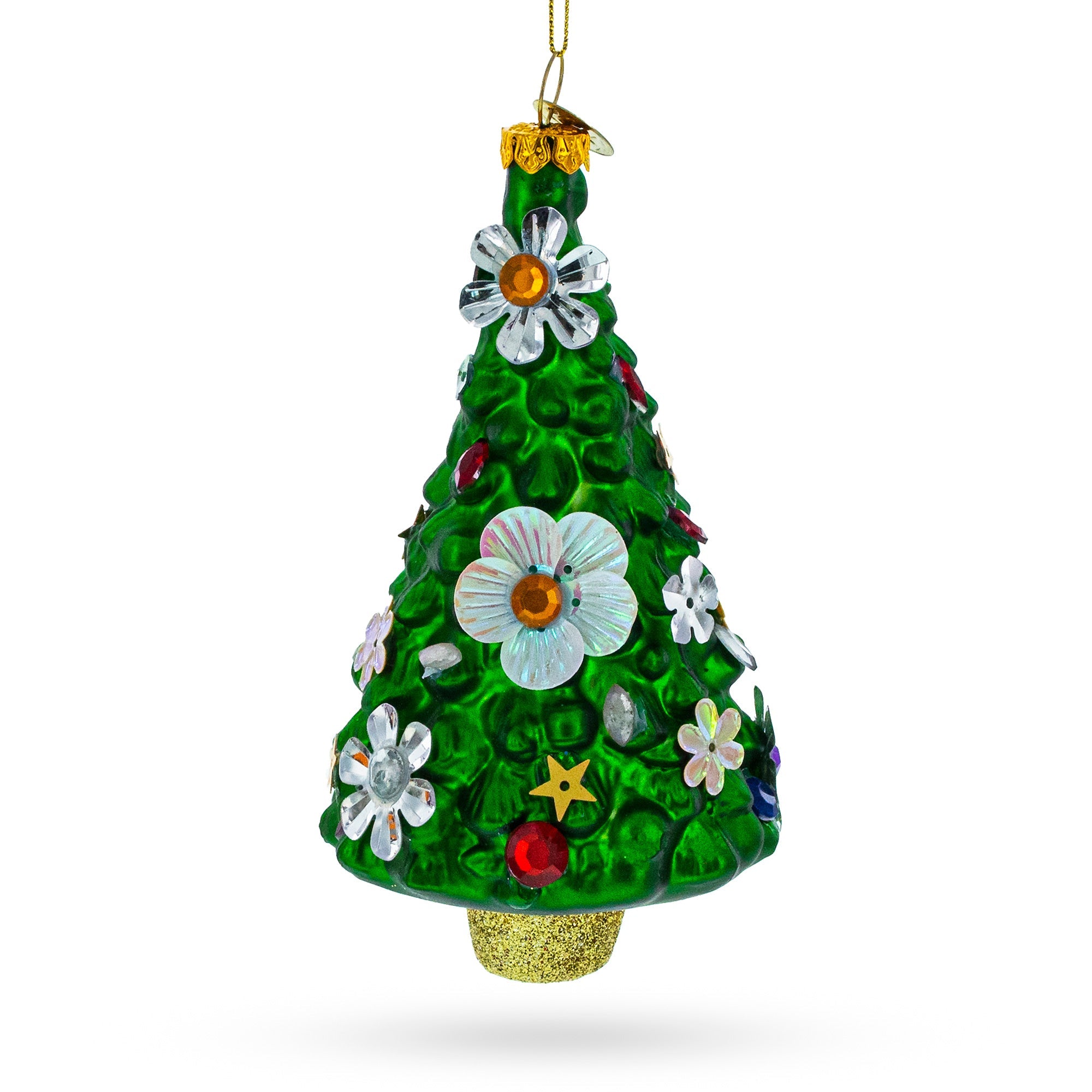 Floral Fiesta: Blossom-adorned Christmas Tree - Blown Glass Ornament