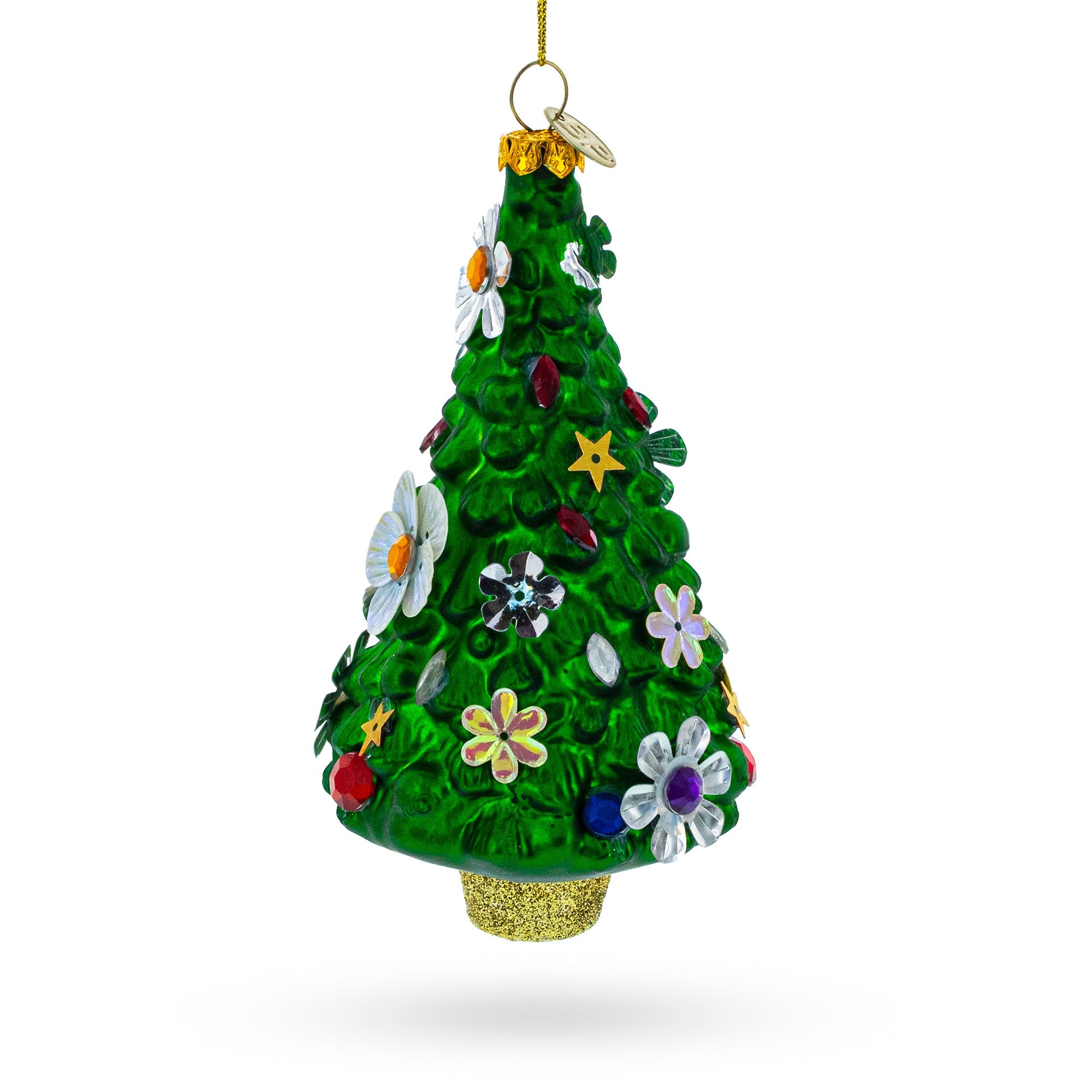 Floral Fiesta: Blossom-adorned Christmas Tree - Blown Glass Ornament