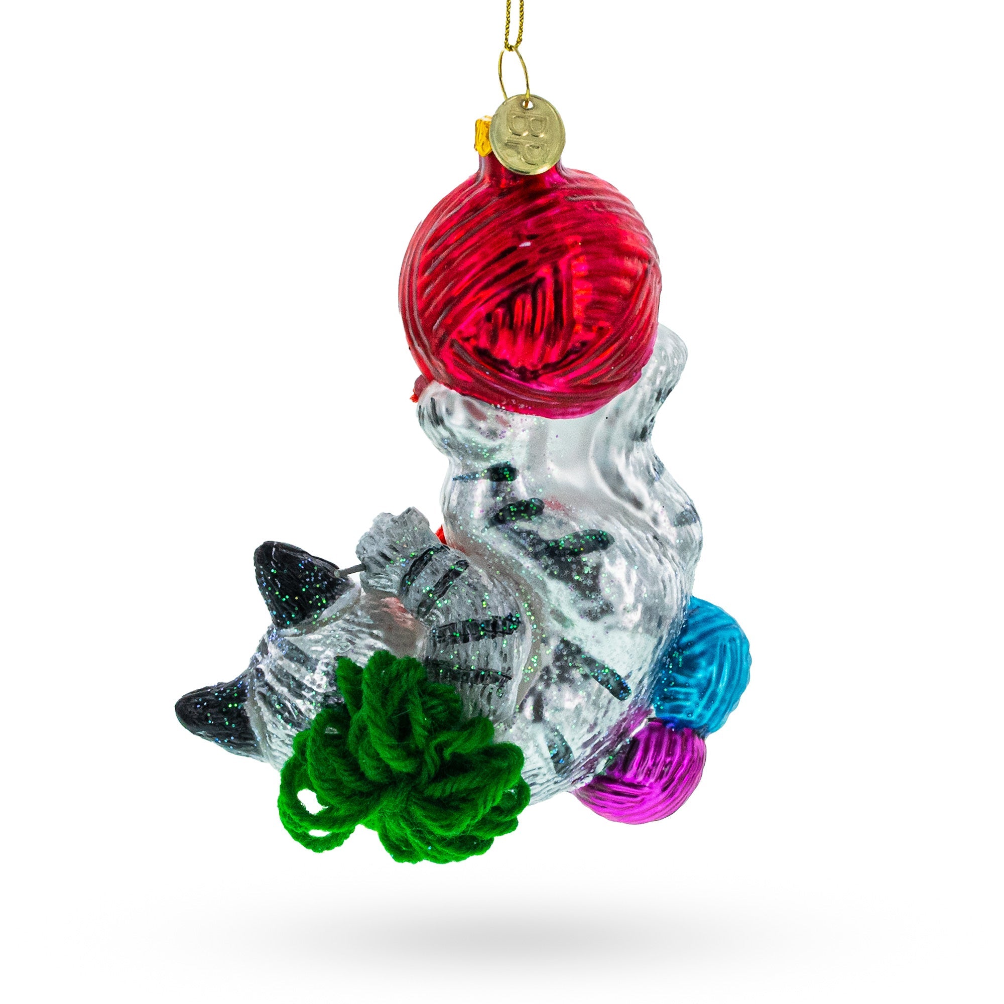 Whimsical Kitten Tangled In Yarn Balls - Blown Glass Christmas Ornament