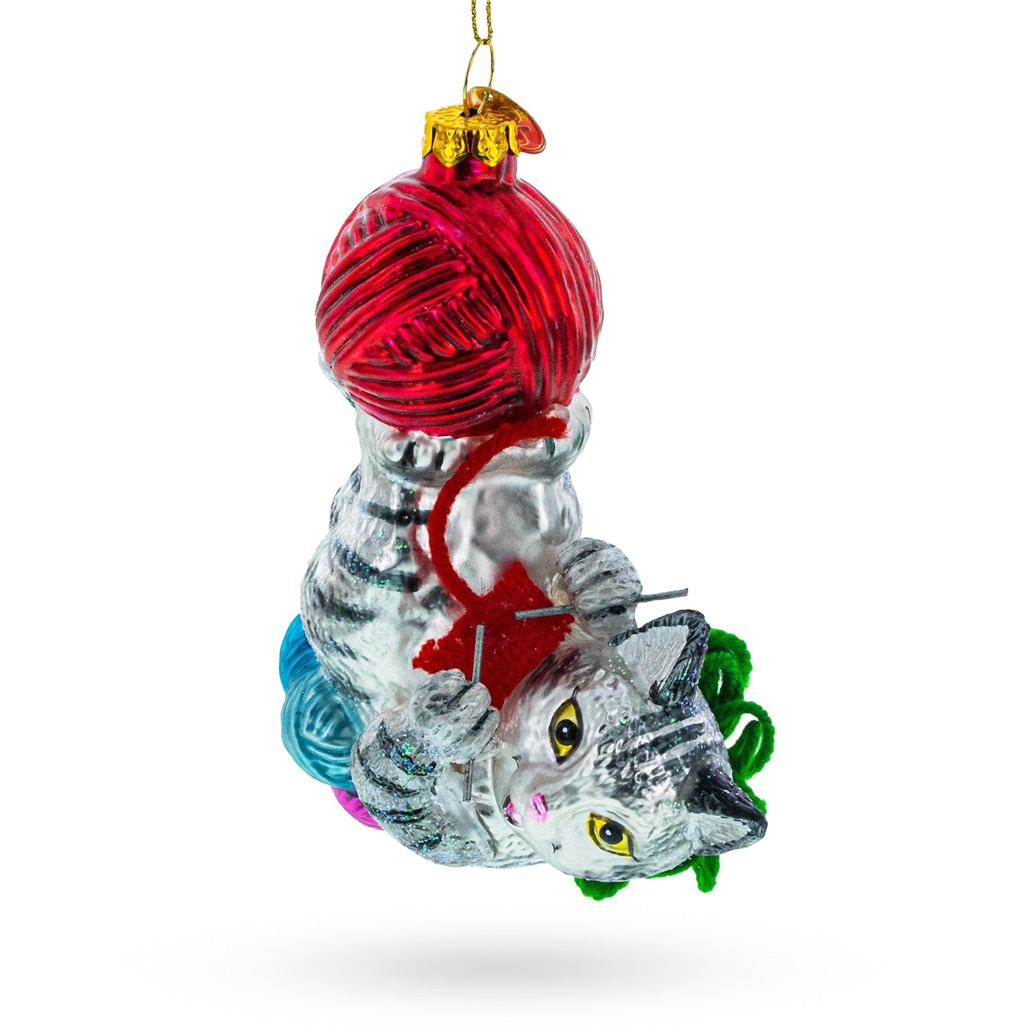 Whimsical Kitten Tangled In Yarn Balls - Blown Glass Christmas Ornament