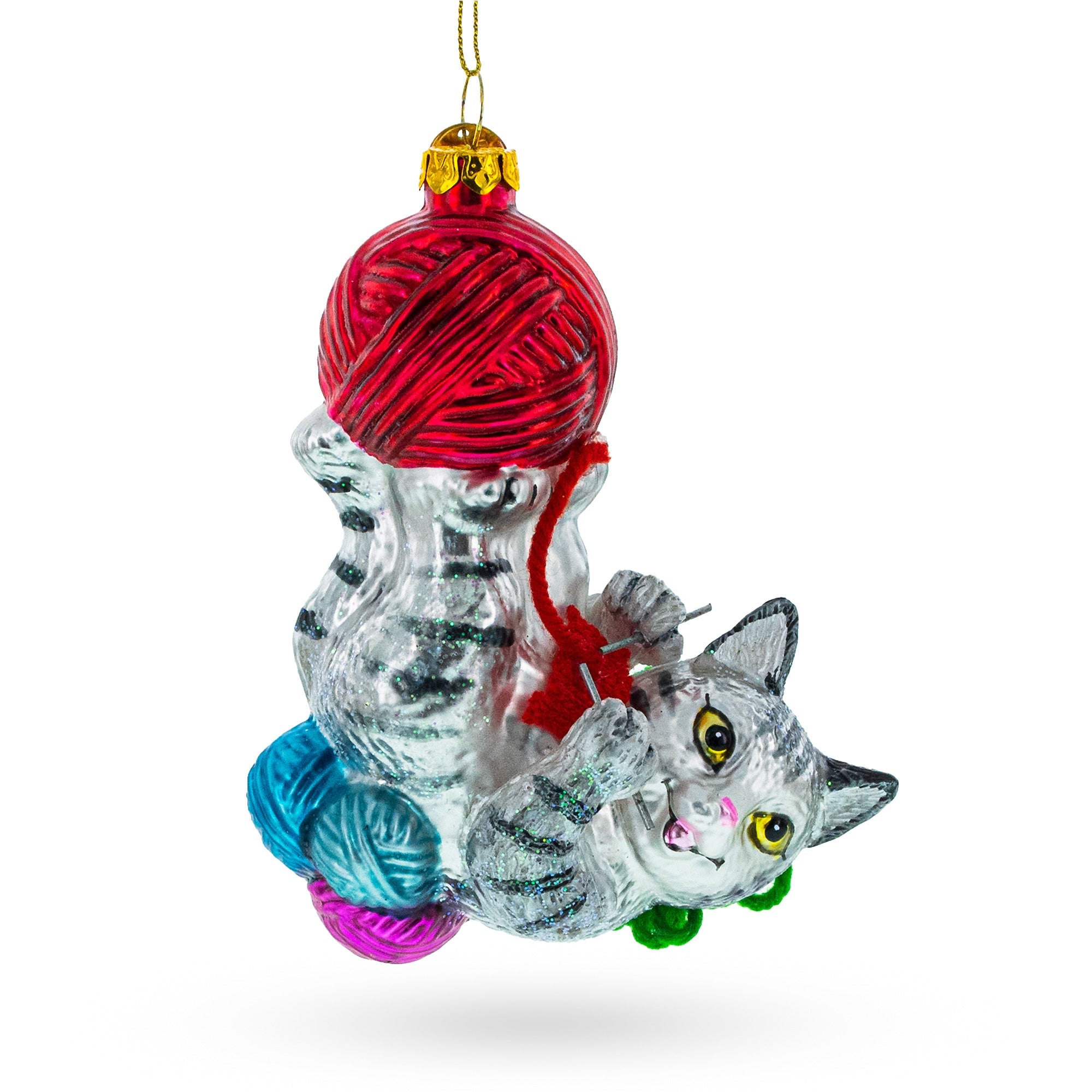 Whimsical Kitten Tangled In Yarn Balls - Blown Glass Christmas Ornament