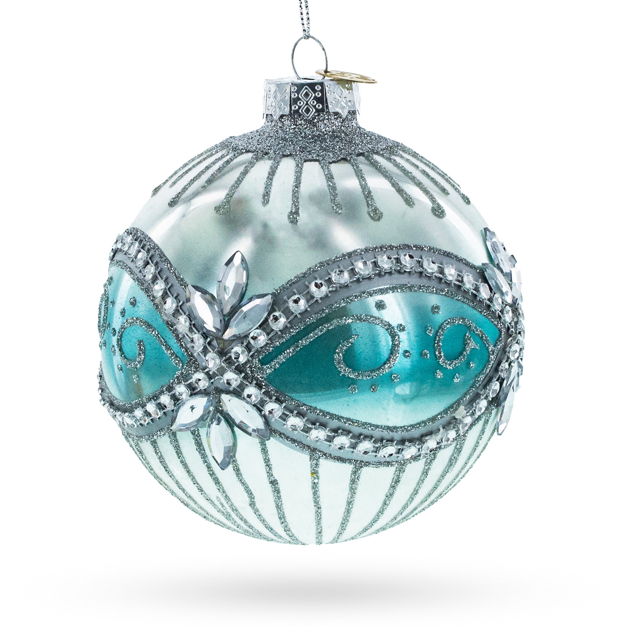 Elegant Silver And Blue Jeweled - Blown Glass Ball Christmas Ornament