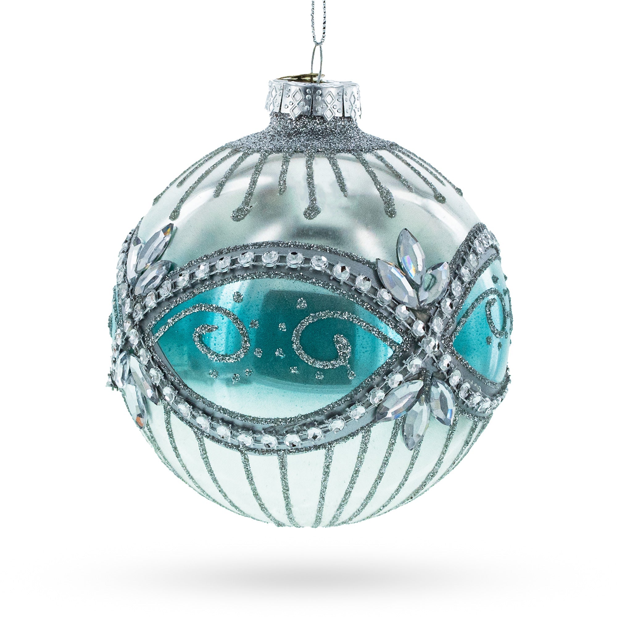 Elegant Silver And Blue Jeweled - Blown Glass Ball Christmas Ornament