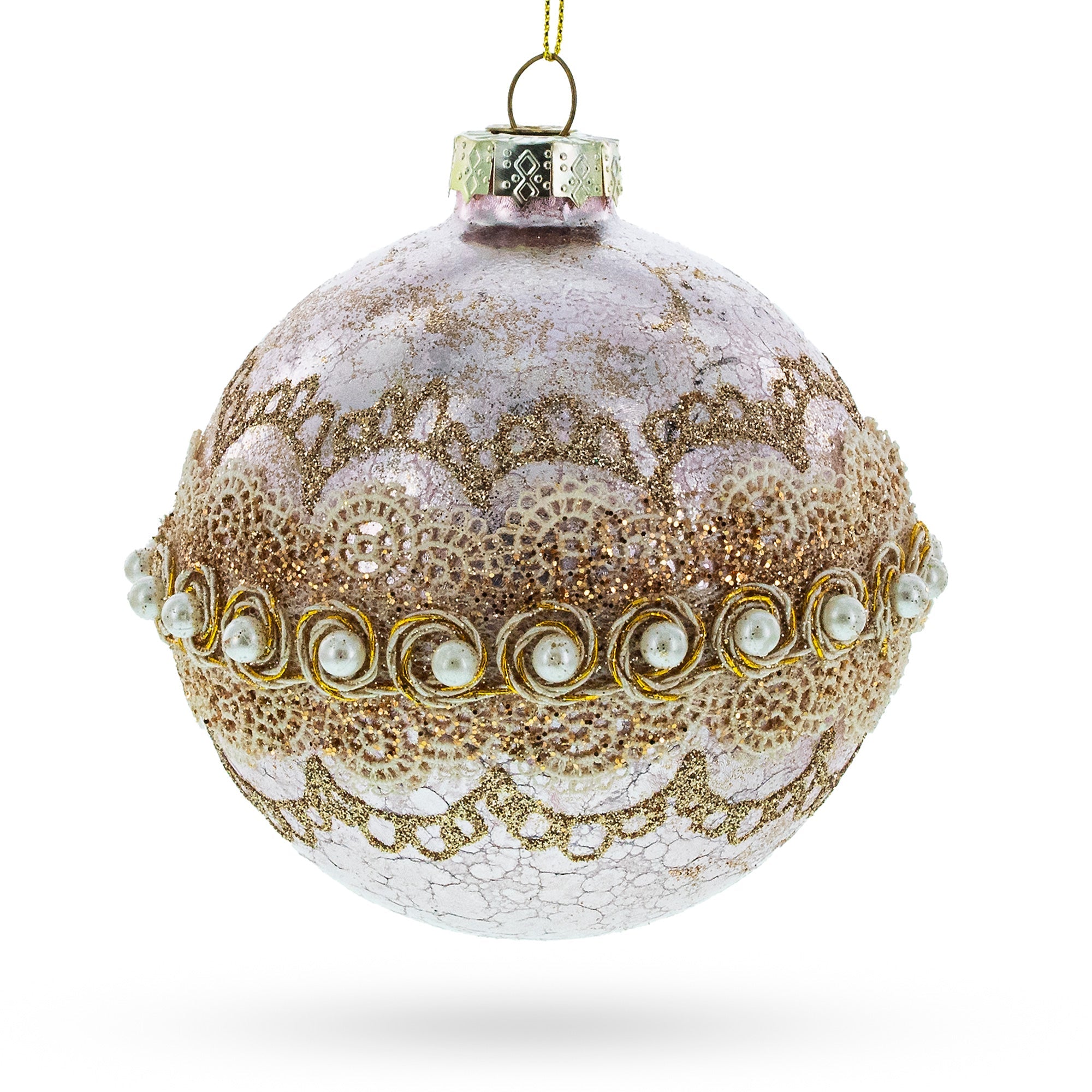 Lace-adorned Pink - Blown Glass Egg Christmas Ornament