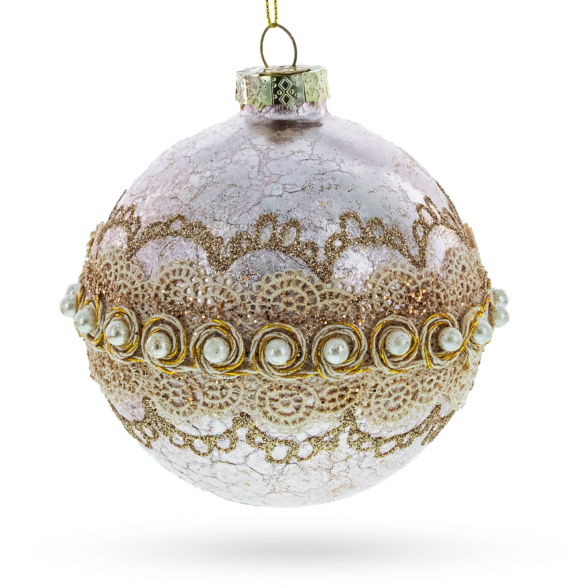 Lace-adorned Pink - Blown Glass Egg Christmas Ornament