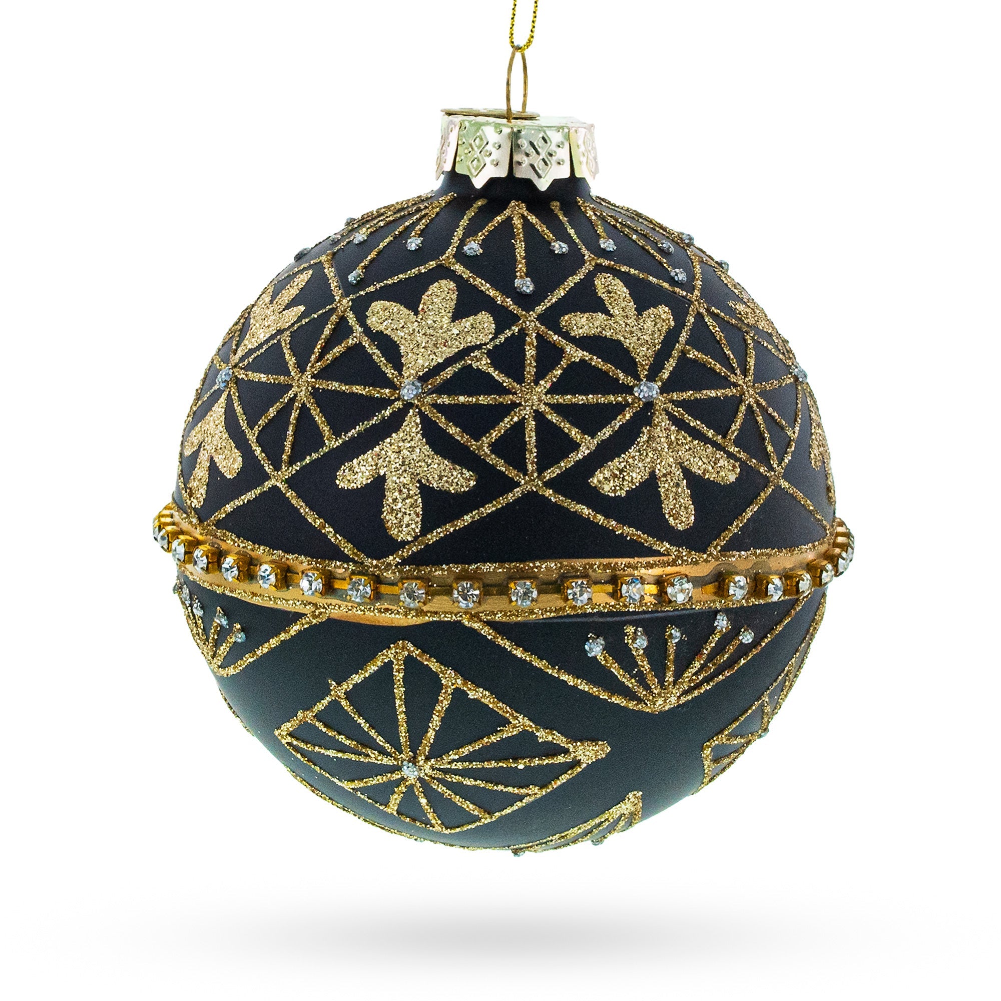 Striped Black With Diamond Accents - Blown Glass Christmas Ornament