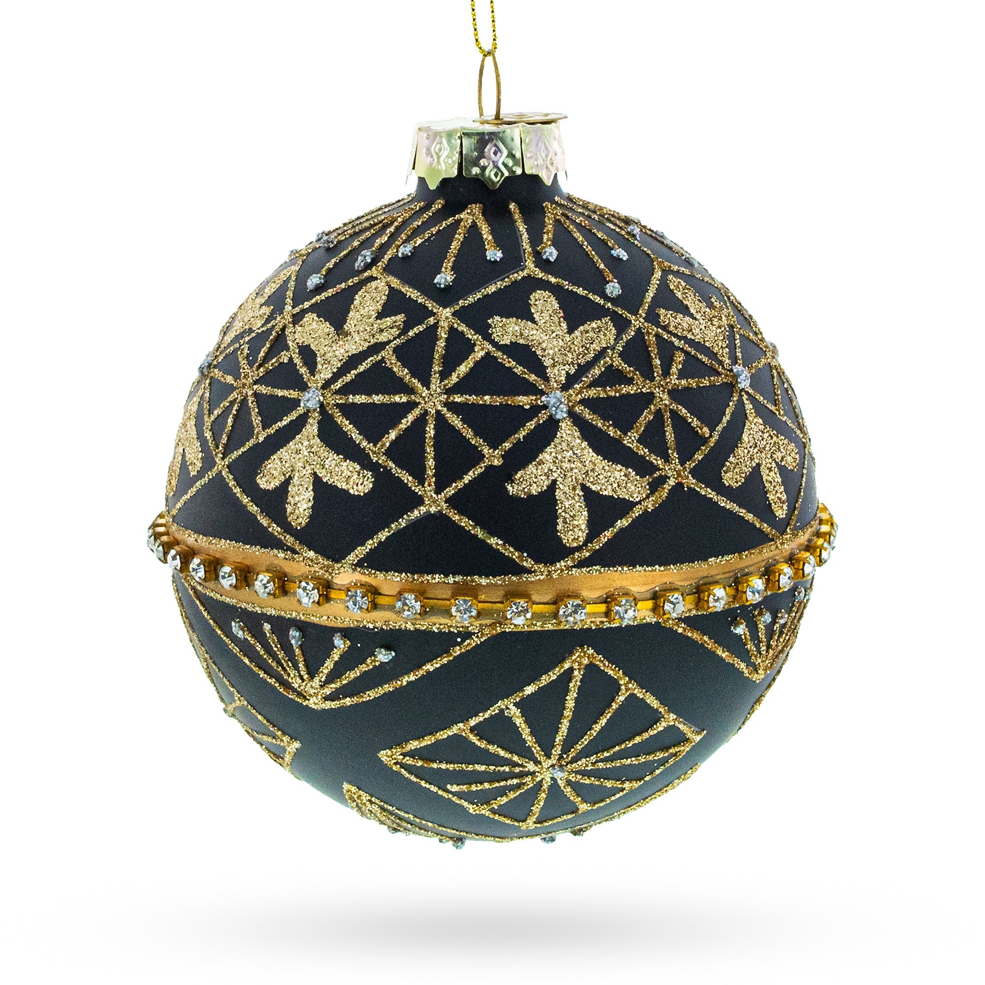 Striped Black With Diamond Accents - Blown Glass Christmas Ornament