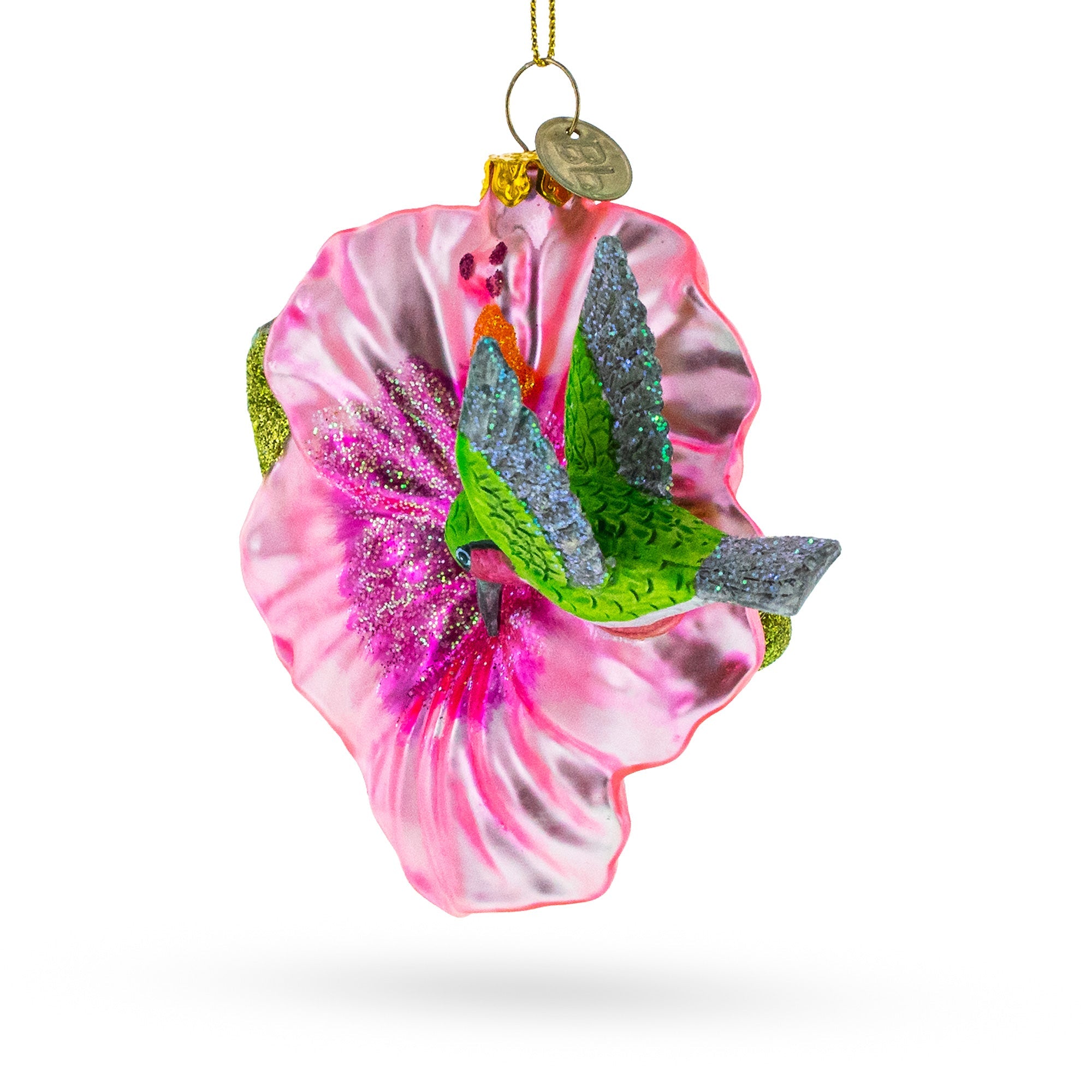 Vibrant Hummingbird With Hibiscus - Blown Glass Christmas Ornament