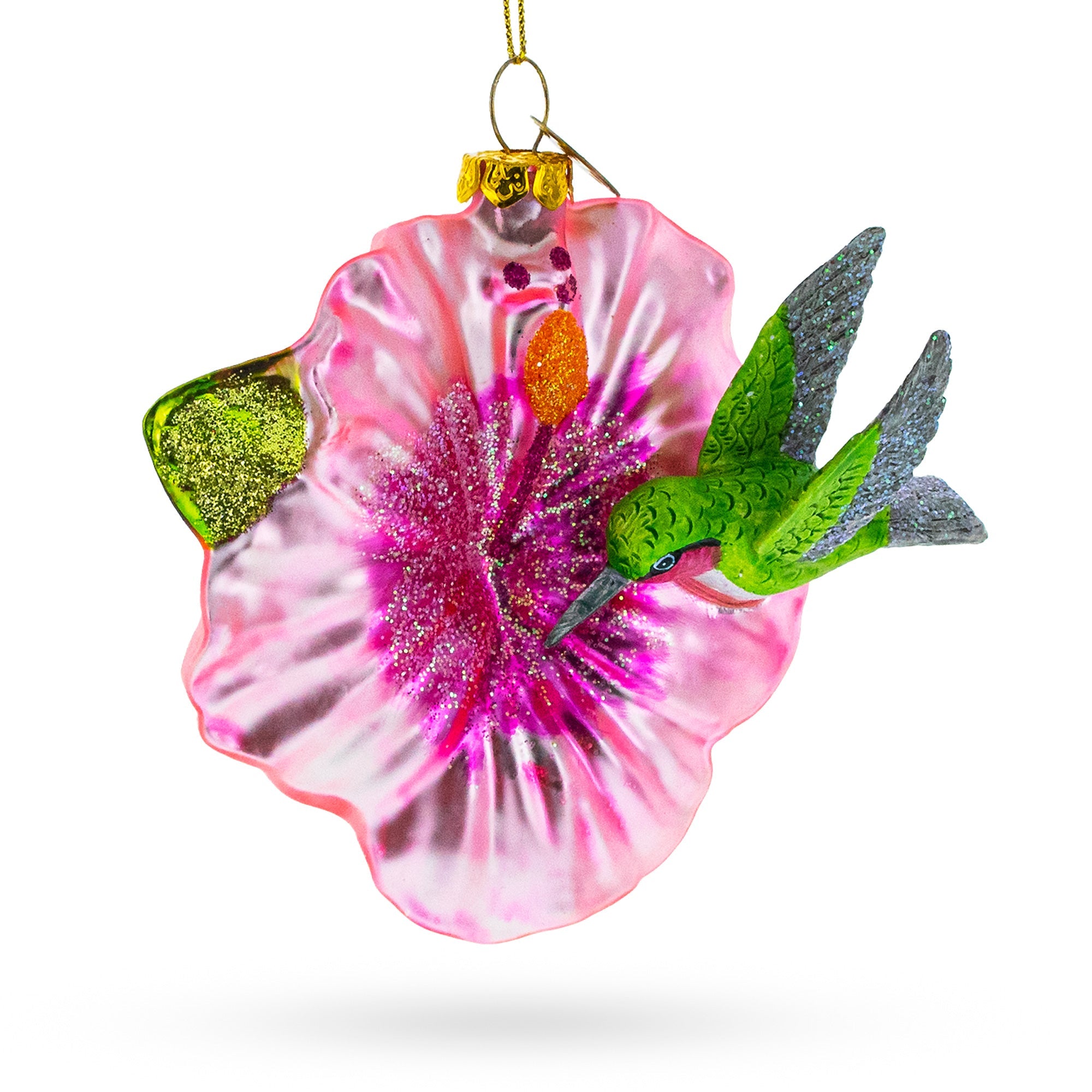 Vibrant Hummingbird With Hibiscus - Blown Glass Christmas Ornament