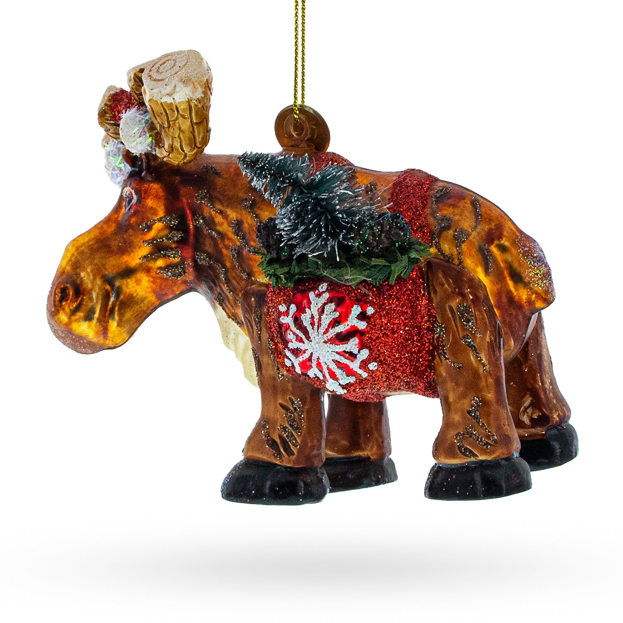 Festive Moose With Twinkling Lights - Blown Glass Christmas Ornament