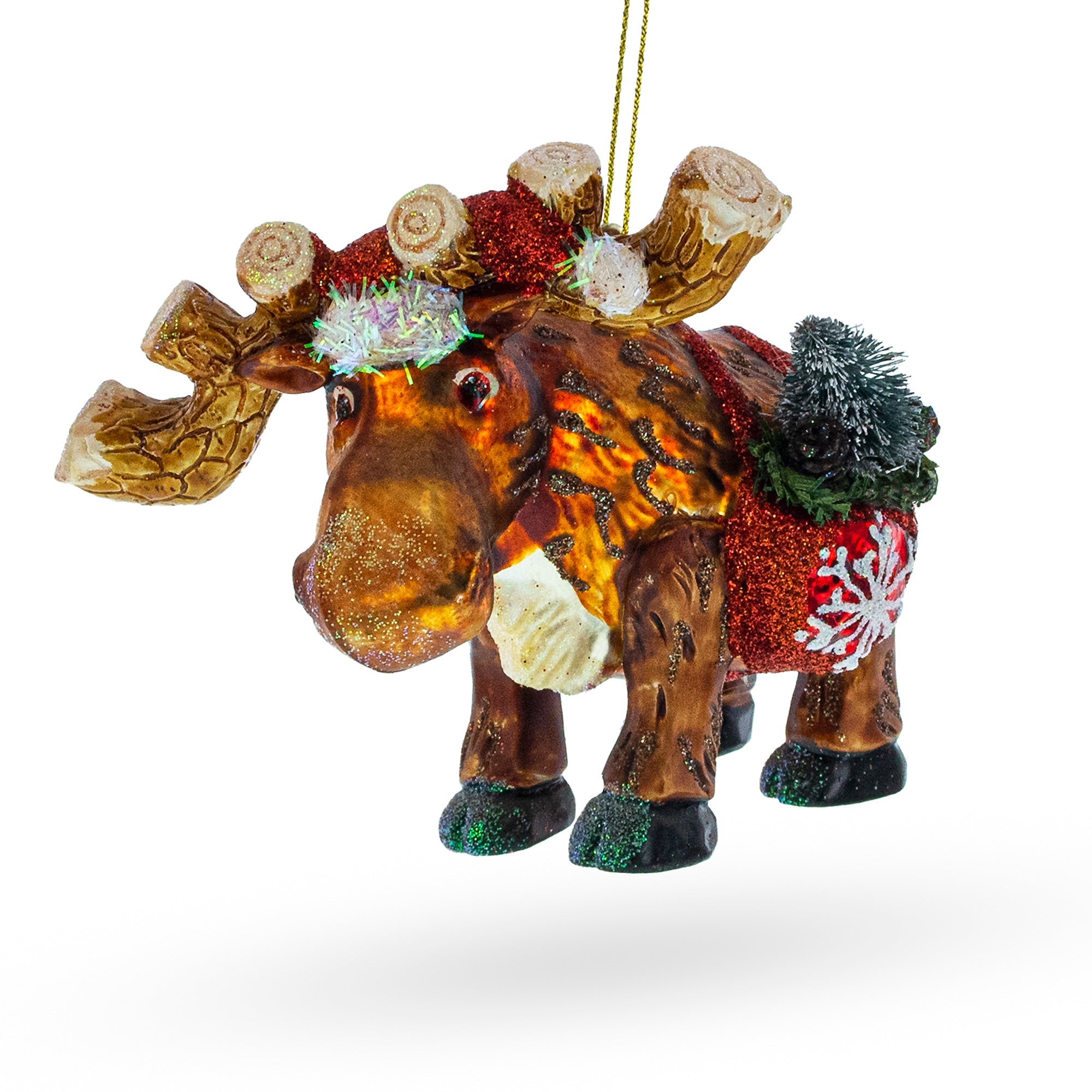 Festive Moose With Twinkling Lights - Blown Glass Christmas Ornament