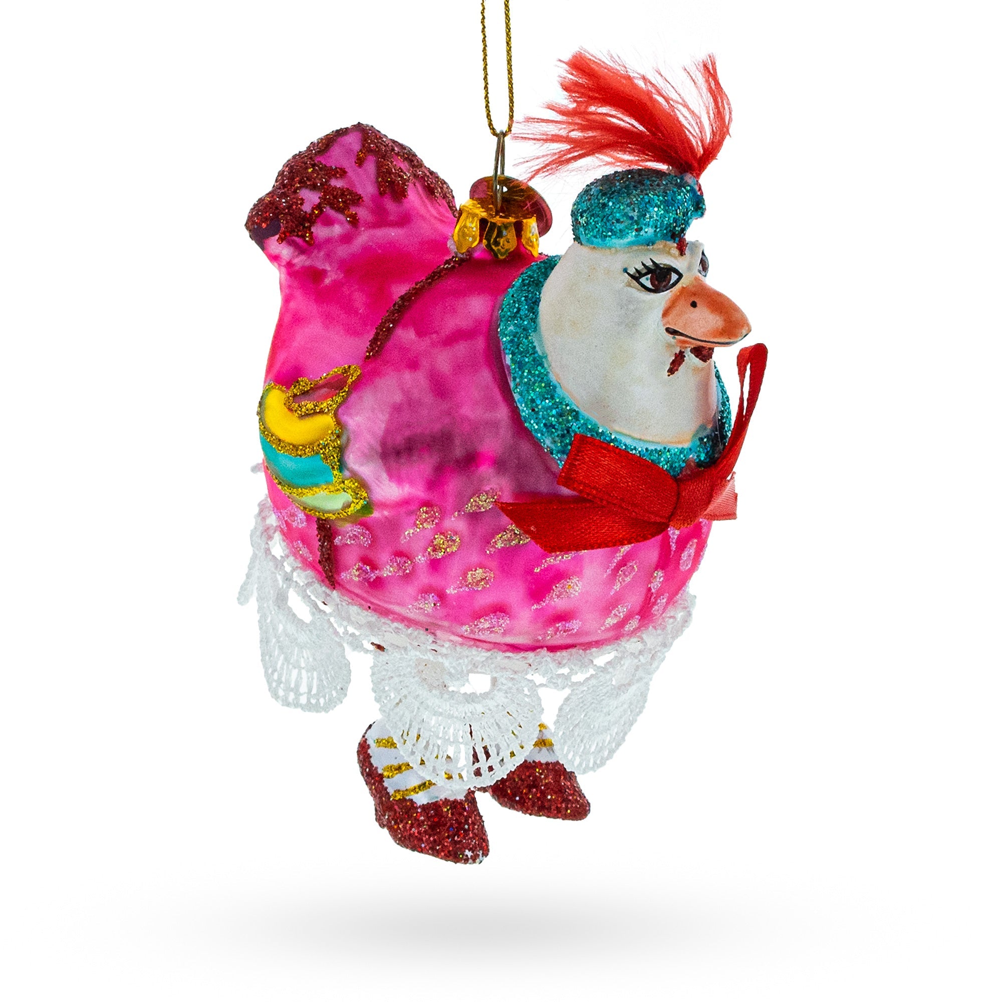 Quirky Hen In Pink Dress - Blown Glass Christmas Ornament