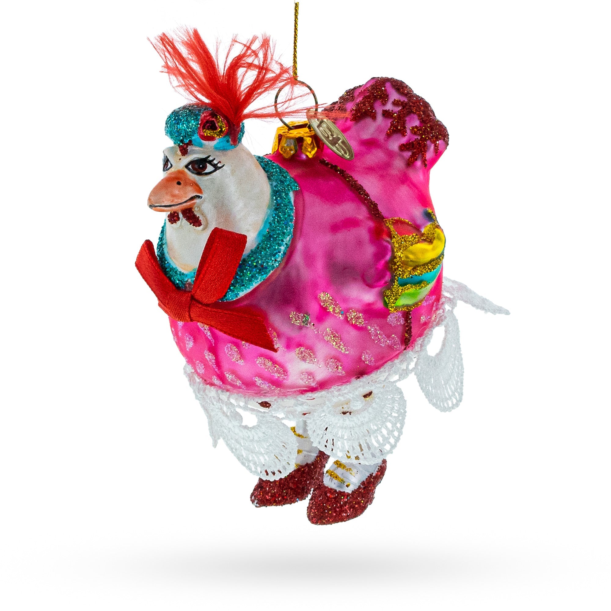 Quirky Hen In Pink Dress - Blown Glass Christmas Ornament