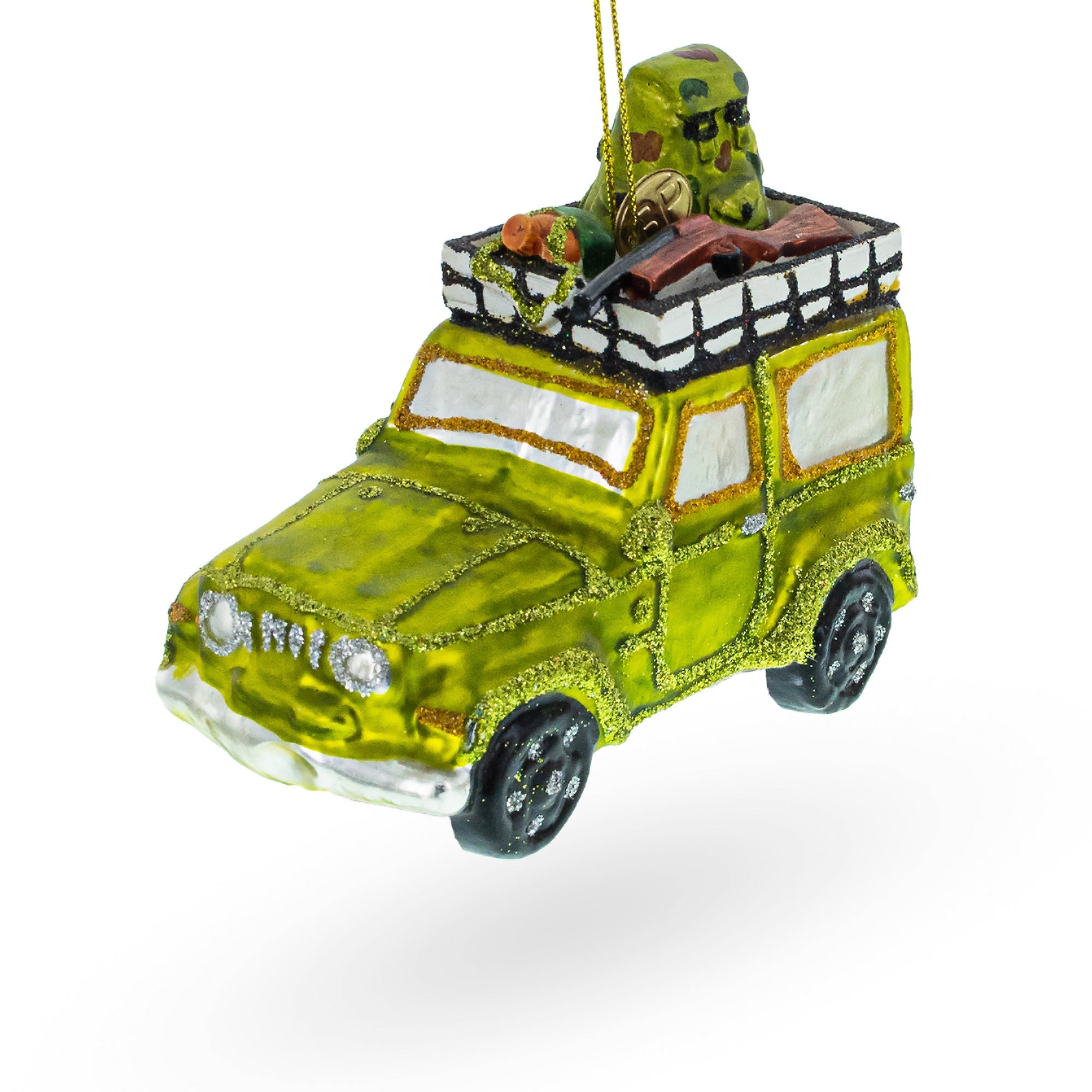 Camouflaged Hunter In A Car - Blown Glass Christmas Ornament