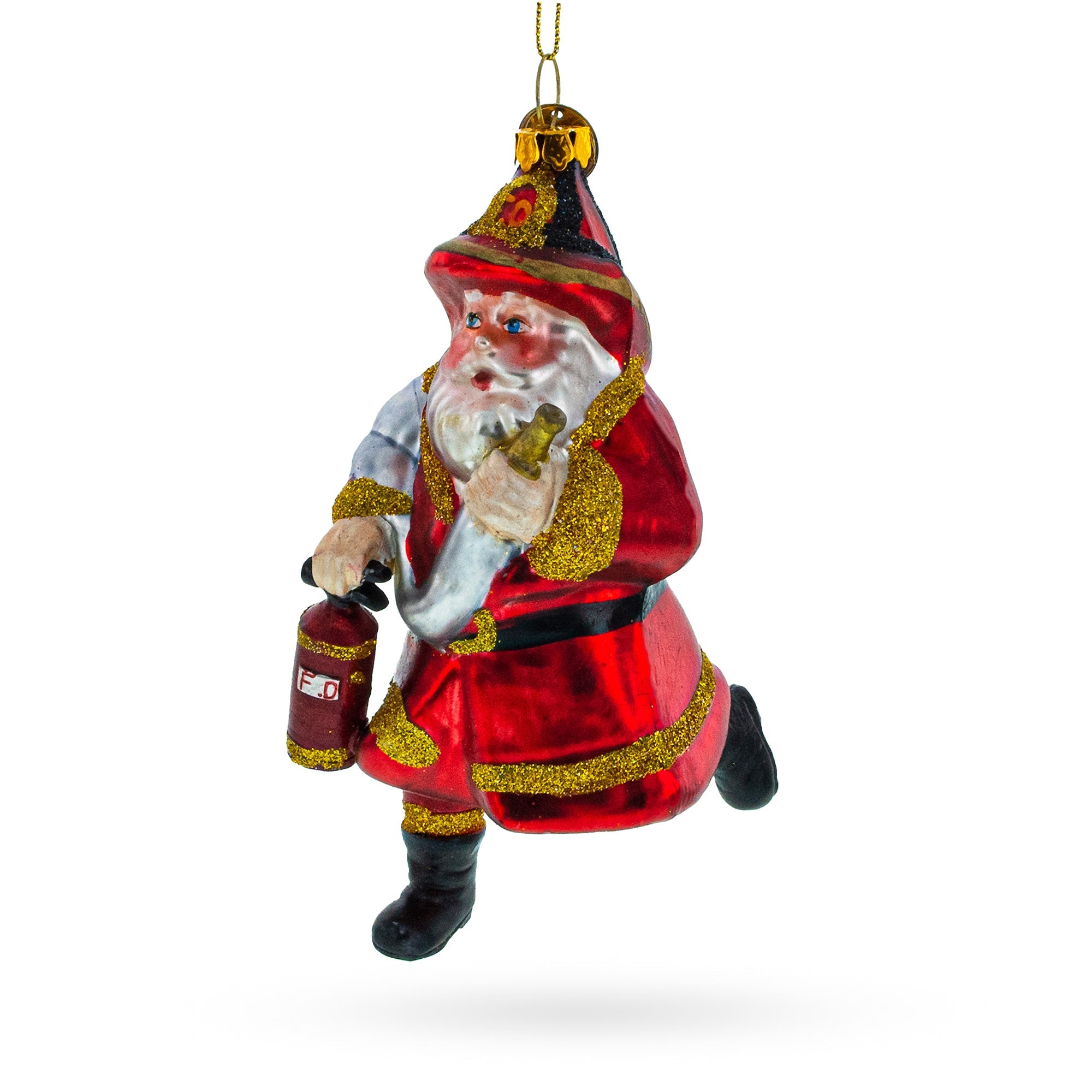 Dapper Fireman Santa With Extinguisher - Blown Glass Christmas Ornament