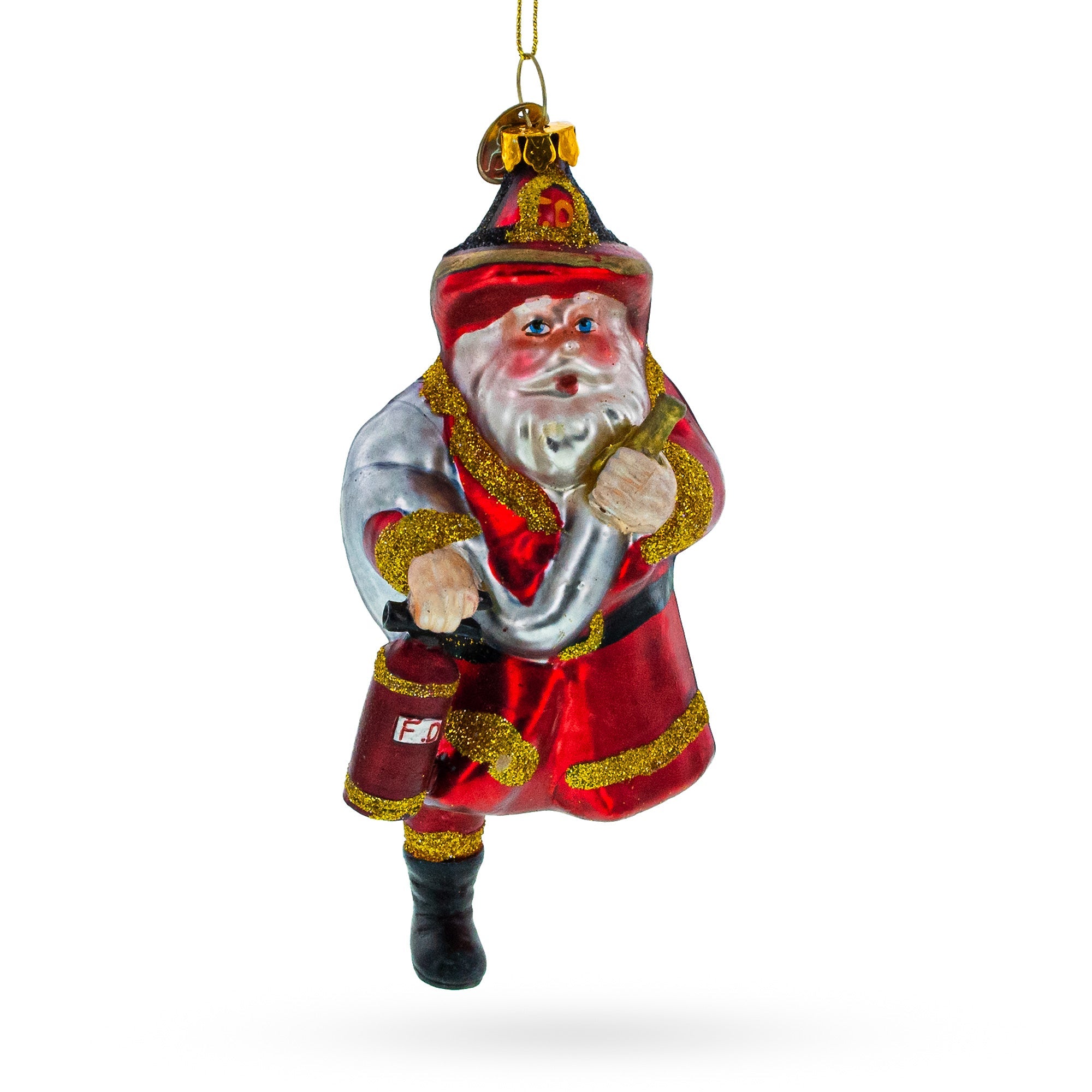 Dapper Fireman Santa With Extinguisher - Blown Glass Christmas Ornament