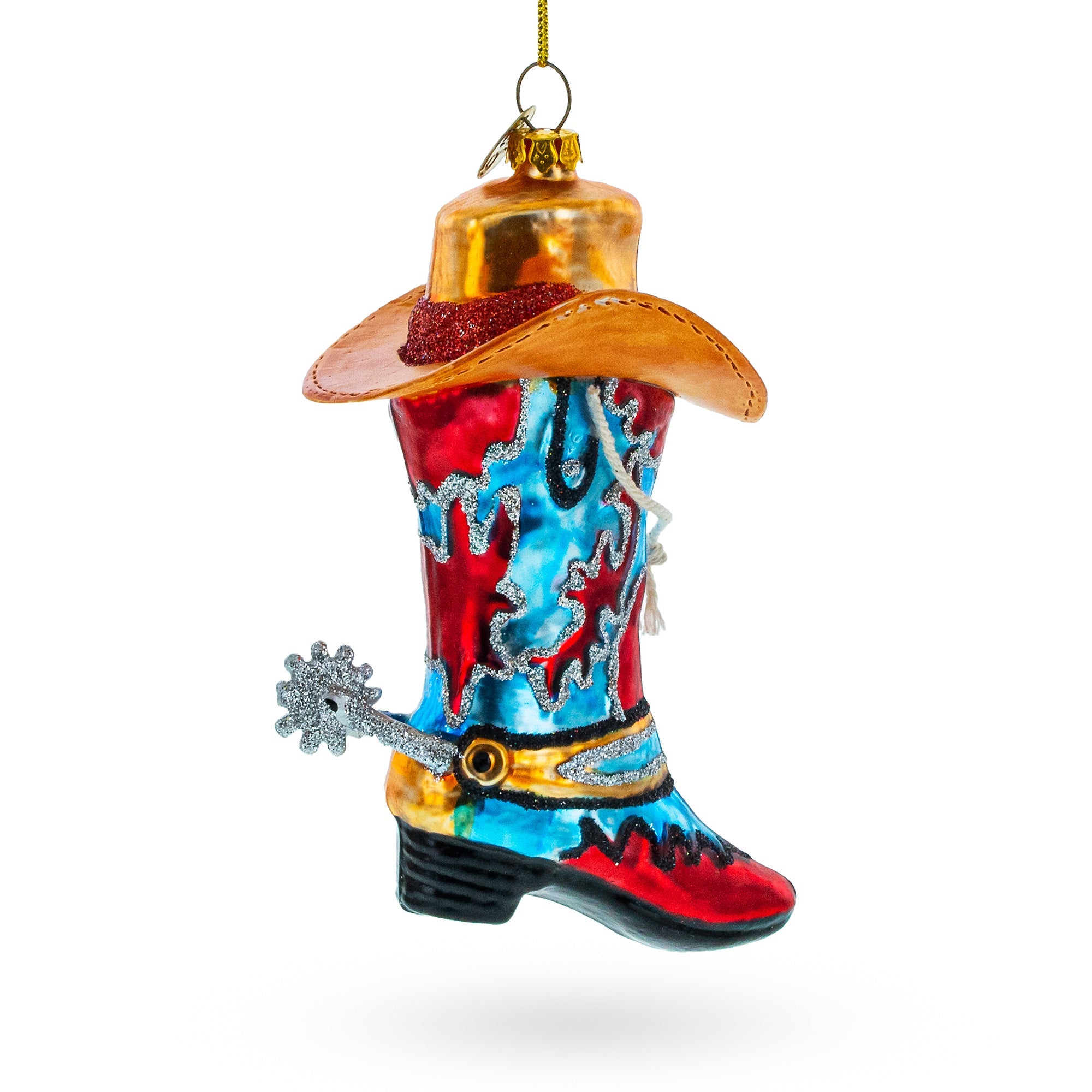 Western Cowboy Boot With A Hat Blown - Glass Christmas Ornament