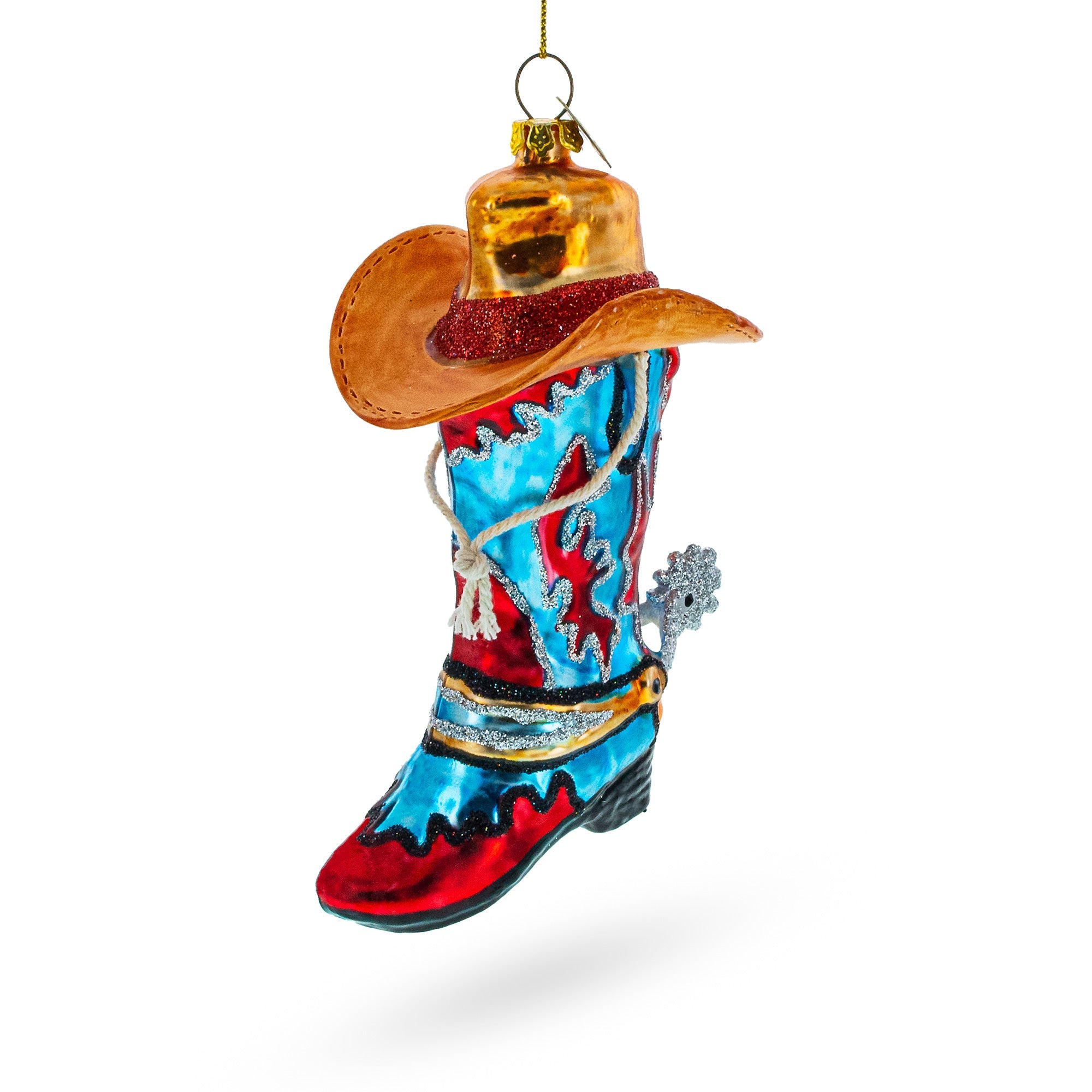 Western Cowboy Boot With A Hat Blown - Glass Christmas Ornament