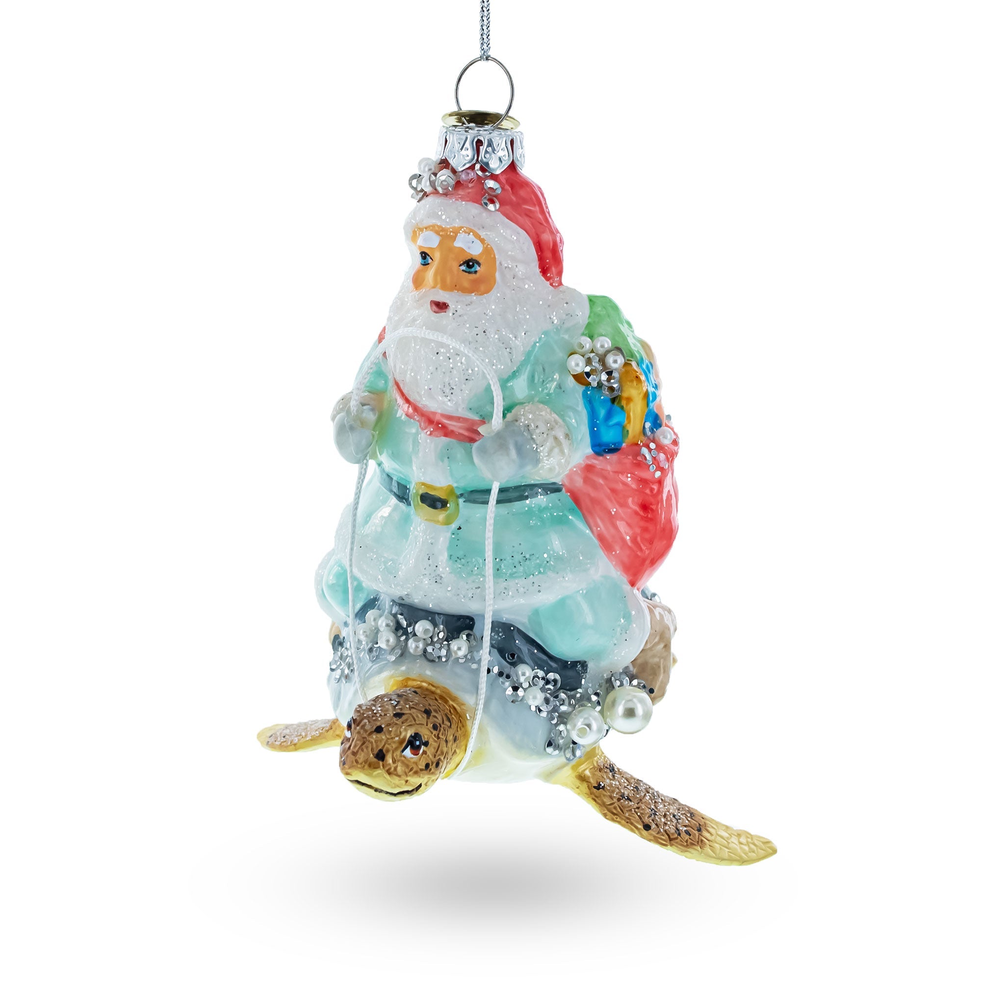 Santa Riding Turtle - Blown Glass Christmas Ornament