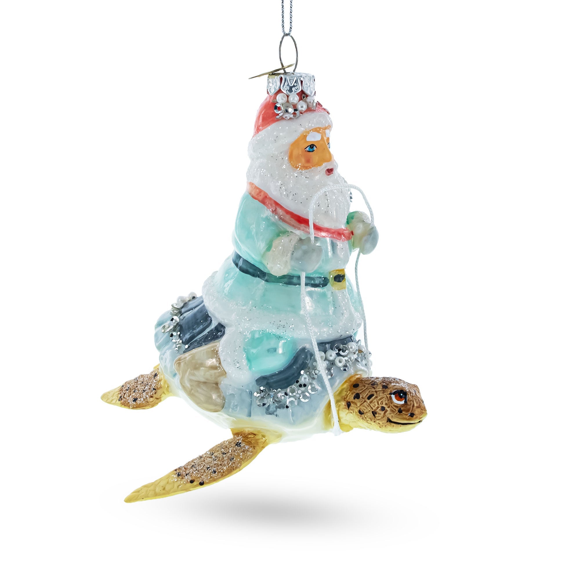 Santa Riding Turtle - Blown Glass Christmas Ornament