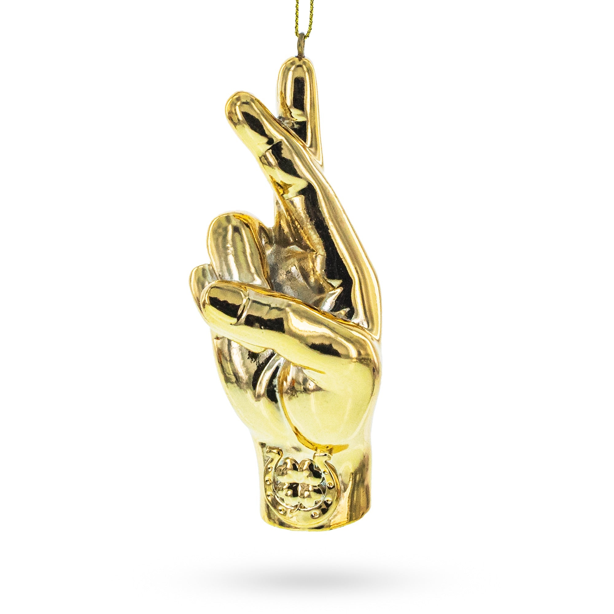 Golden Lucky Crossed Fingers Sign Language - Blown Glass Christmas Ornament