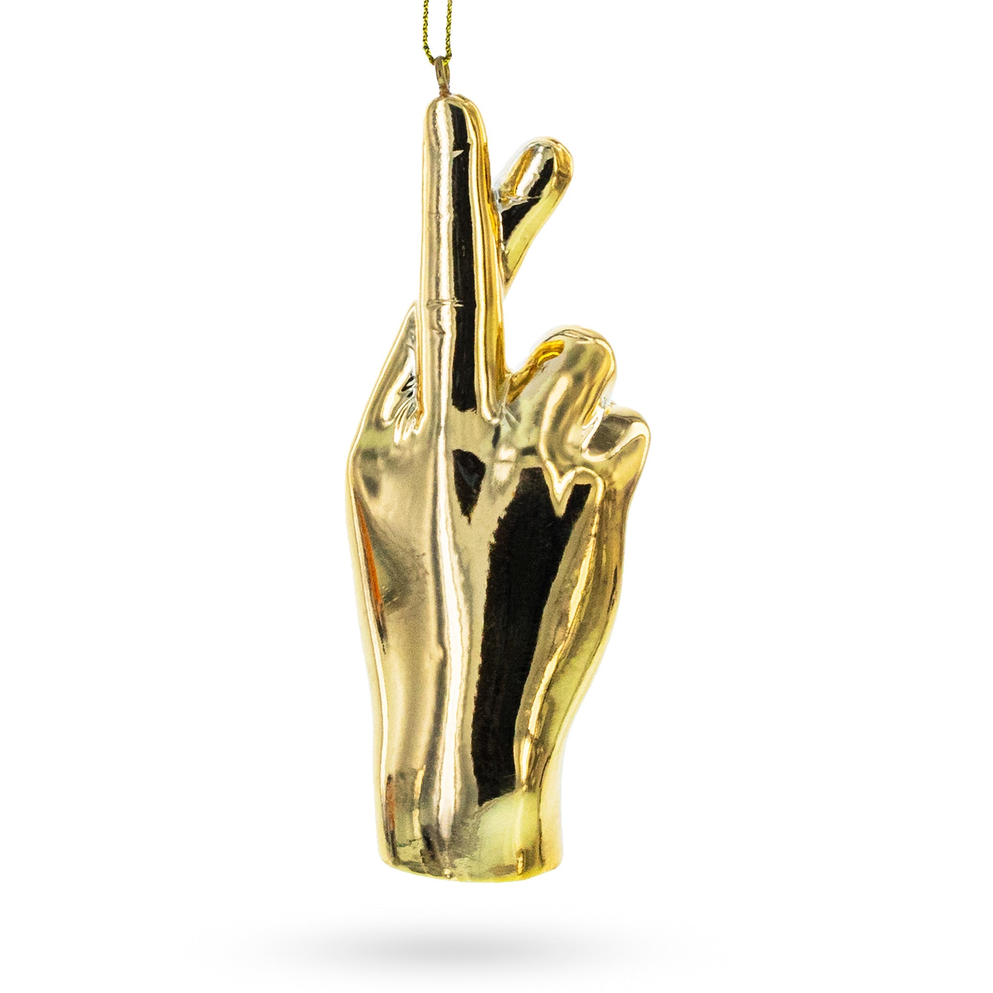 Golden Lucky Crossed Fingers Sign Language - Blown Glass Christmas Ornament