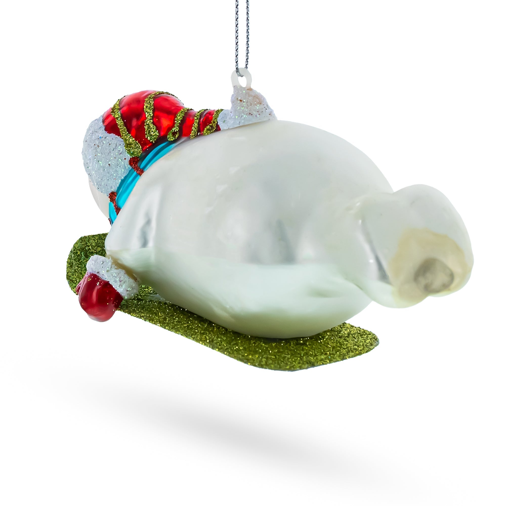 Snowman Gleefully Riding A Sled - Blown Glass Christmas Ornament