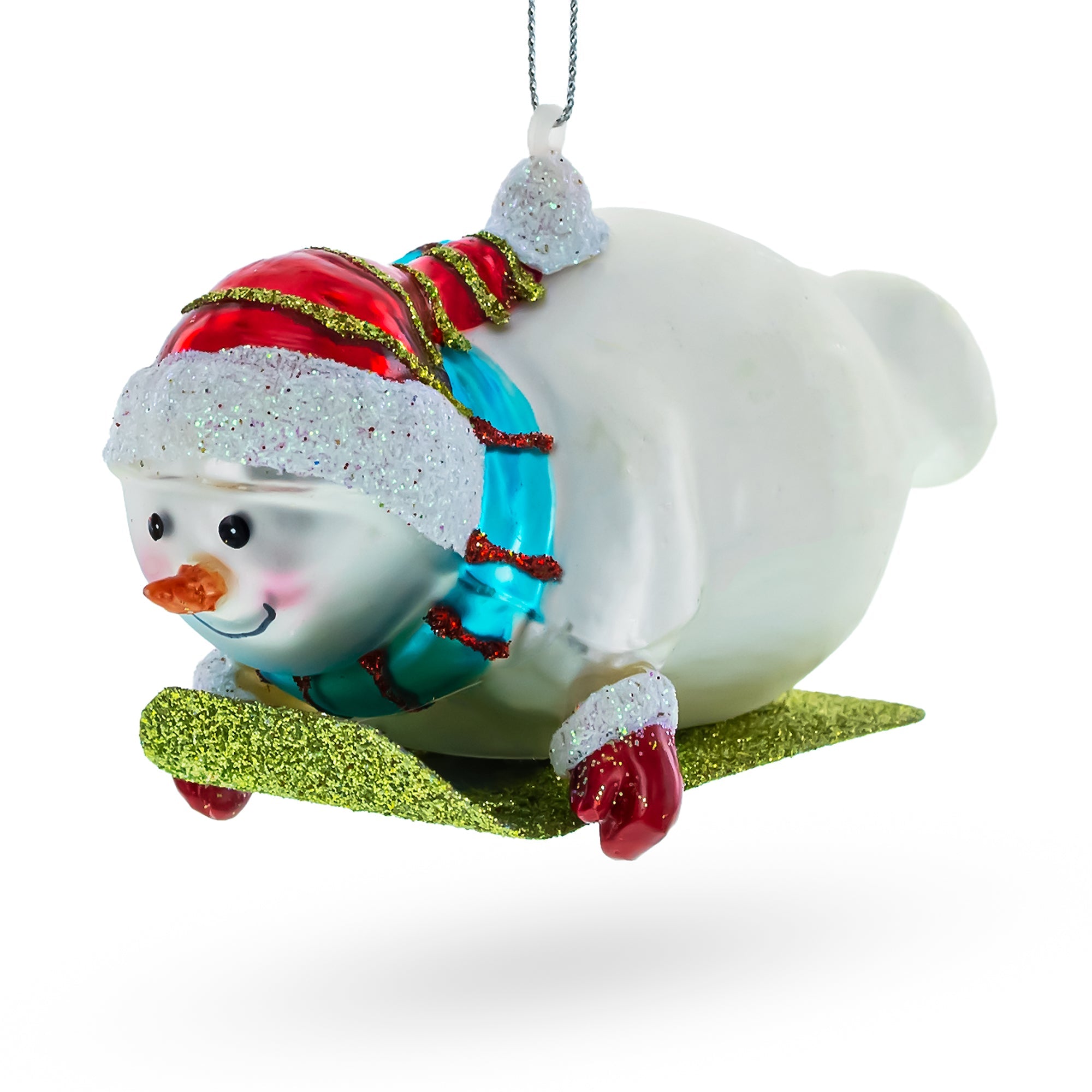 Snowman Gleefully Riding A Sled - Blown Glass Christmas Ornament