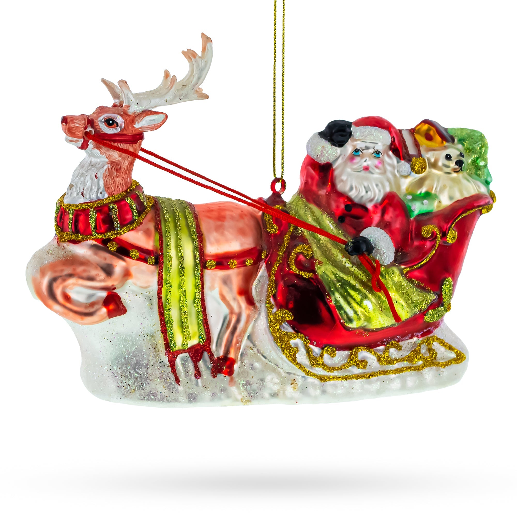 Santa On Festive Sleigh With Reindeer - Festive Blown Glass Christmas Ornament