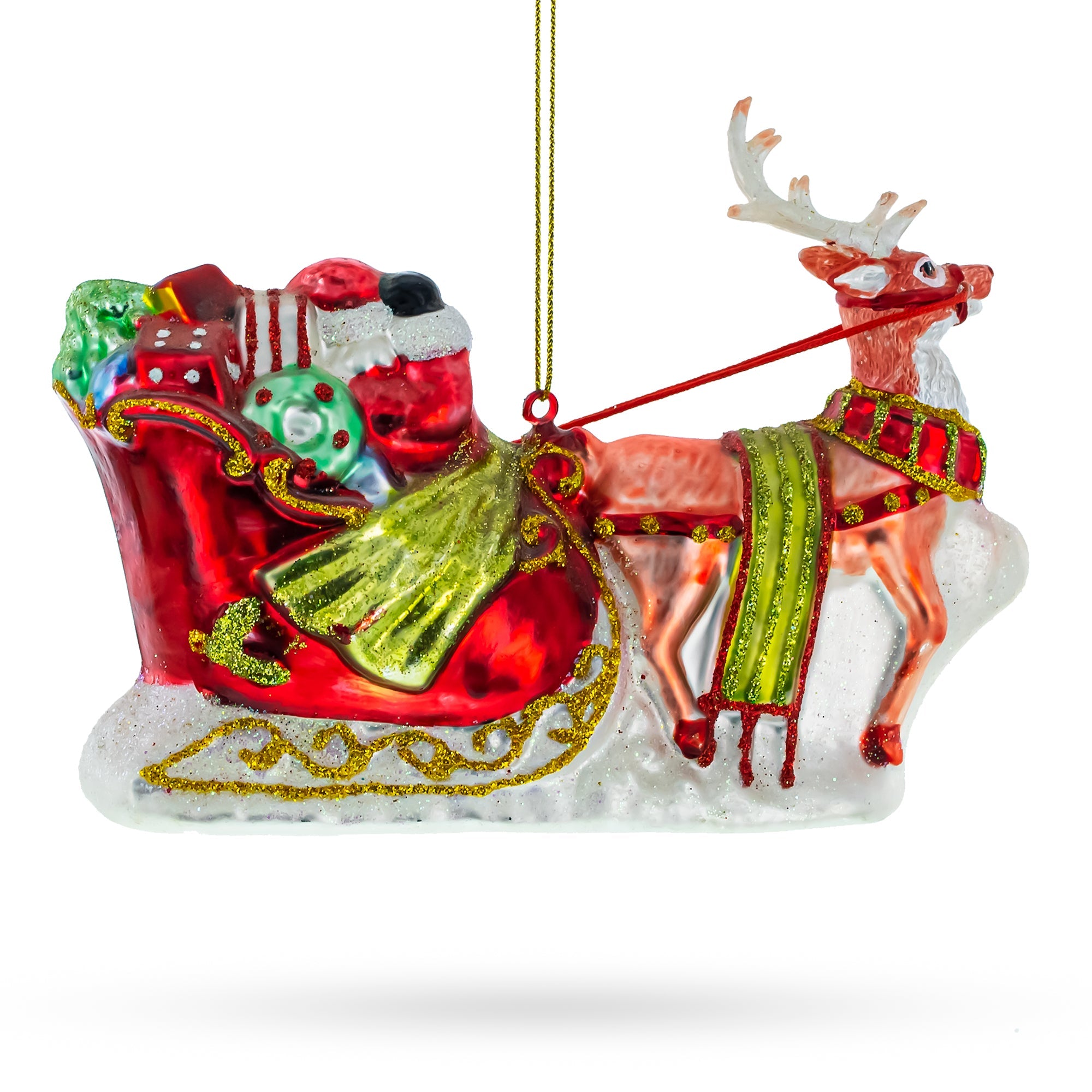 Santa Delivering Gifts On Sleigh - Blown Glass Christmas Ornament