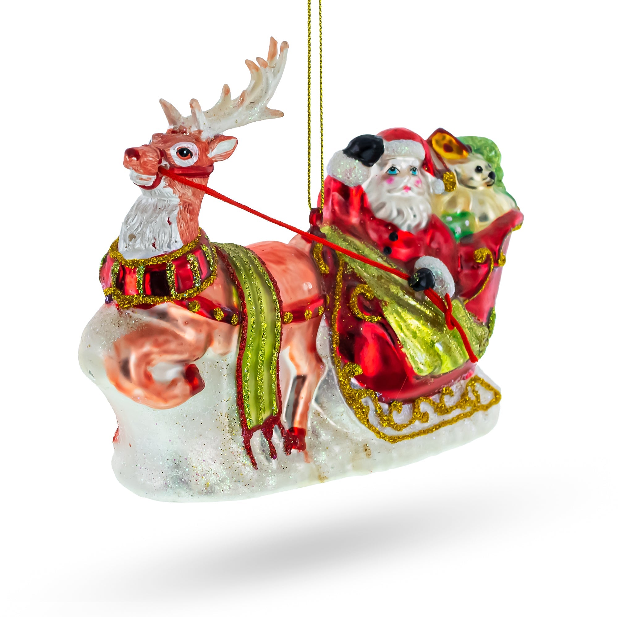 Santa On Festive Sleigh With Reindeer - Festive Blown Glass Christmas Ornament