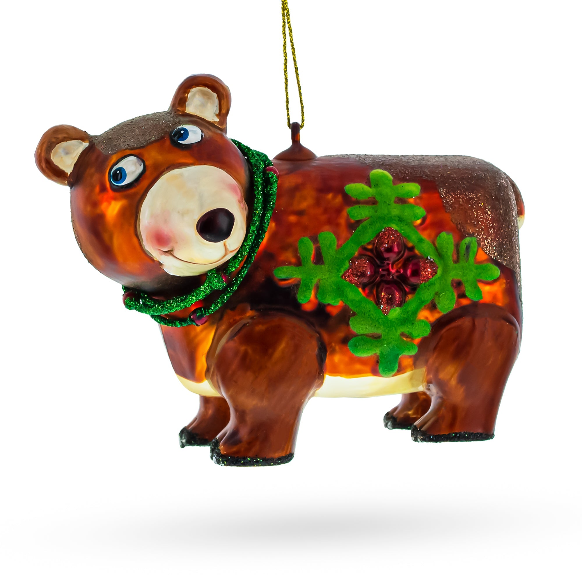 Festive Brown Bear Holding A Poinsettia - Blown Glass Christmas Ornament