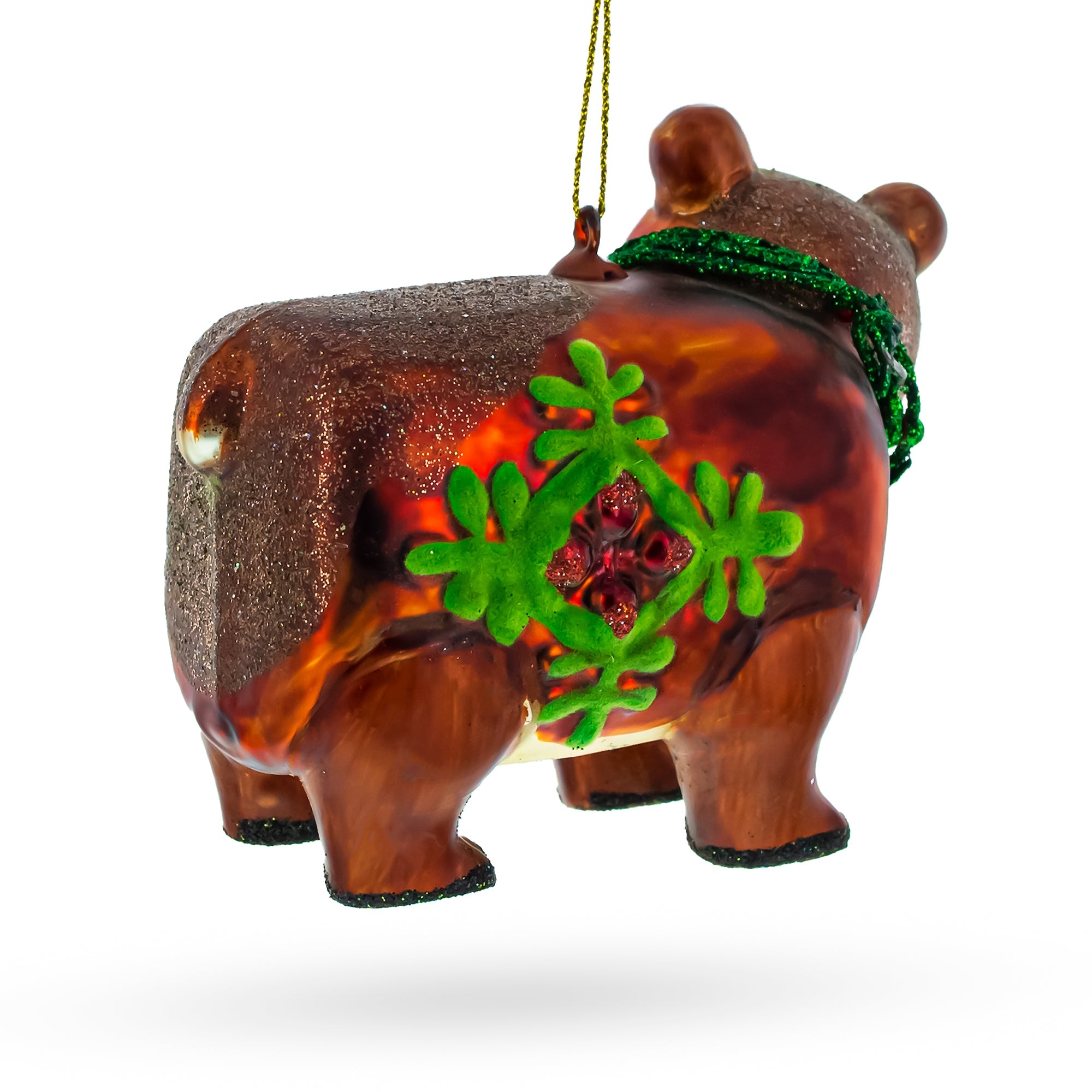 Festive Brown Bear Holding A Poinsettia - Blown Glass Christmas Ornament