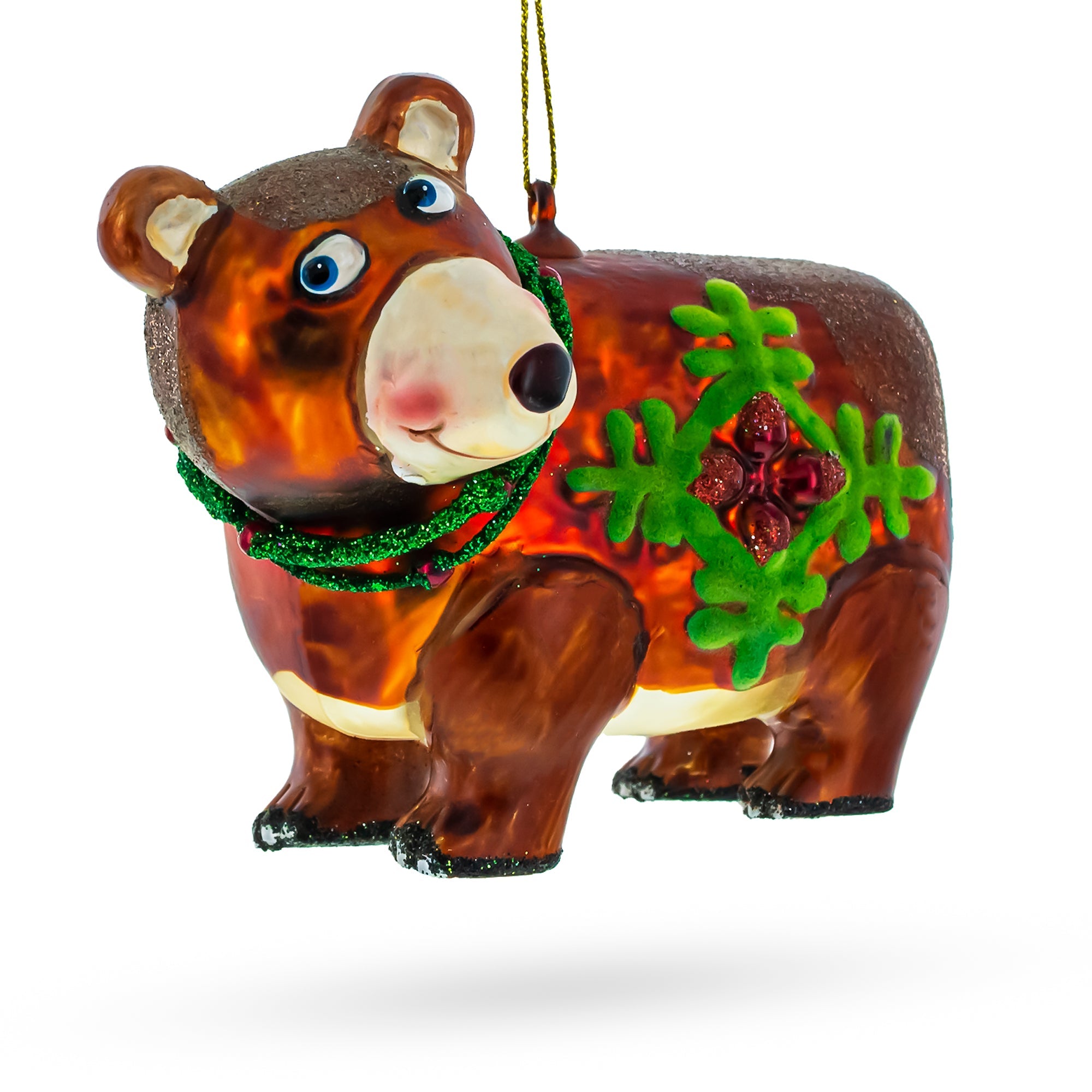 Festive Brown Bear Holding A Poinsettia - Blown Glass Christmas Ornament