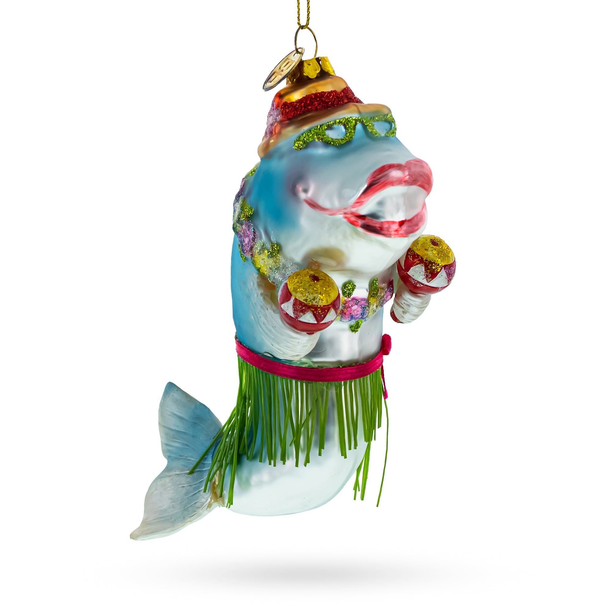 Festive Hawaiian Shark With Maracas - Blown Glass Christmas Ornament