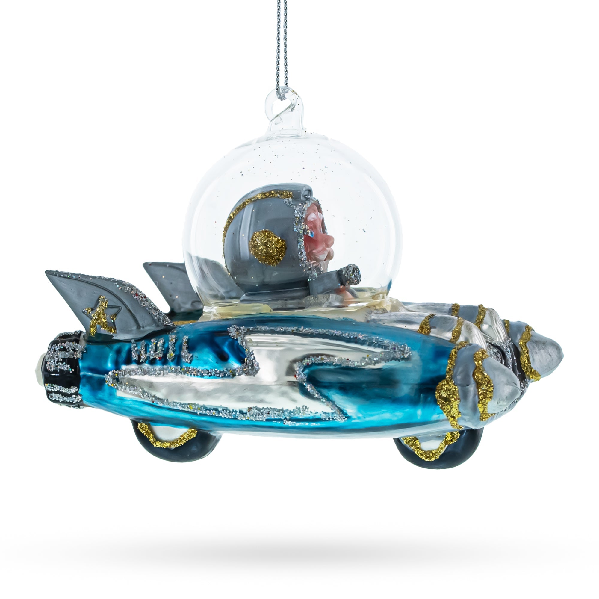 Santa Riding Spaceship - Blown Glass Christmas Ornament