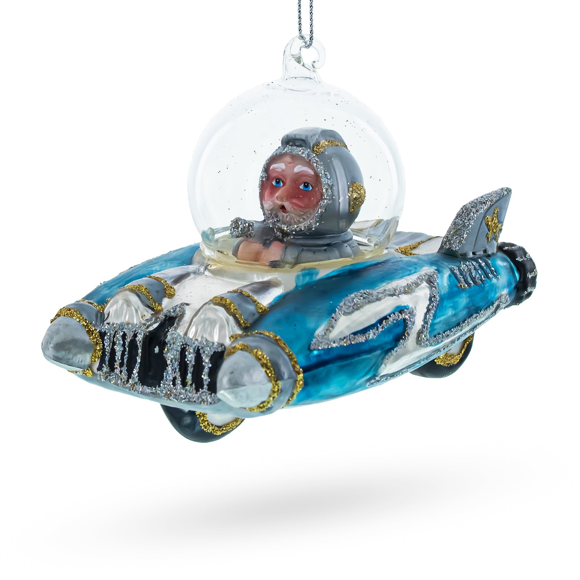 Santa Riding Spaceship - Blown Glass Christmas Ornament